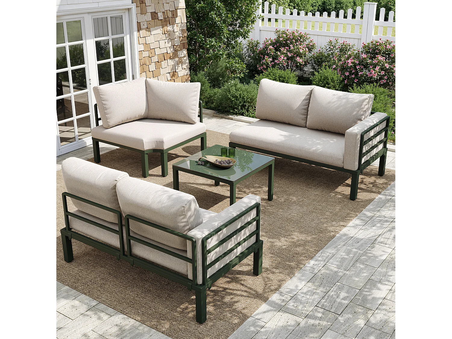 Salon de jardin avec 2 causeuses, 1 canapé d'angle et 1 table basse - avec coussins et dossiers - beige