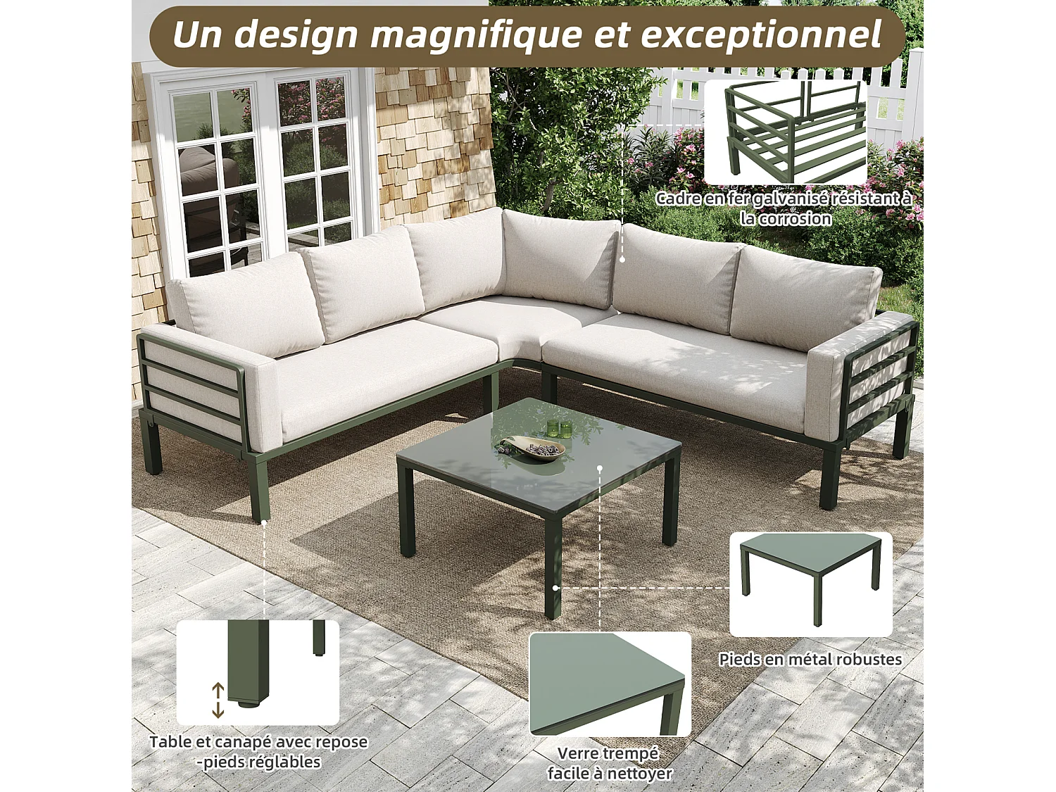 Salon de jardin avec 2 causeuses, 1 canapé d'angle et 1 table basse - avec coussins et dossiers - beige
