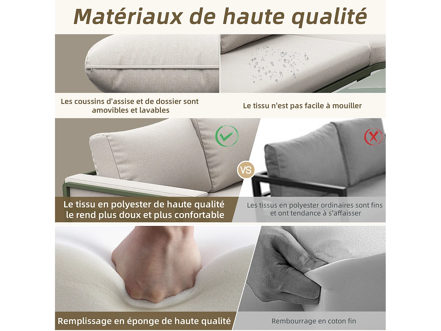 Salon de jardin avec 2 causeuses, 1 canapé d'angle et 1 table basse - avec coussins et dossiers - beige