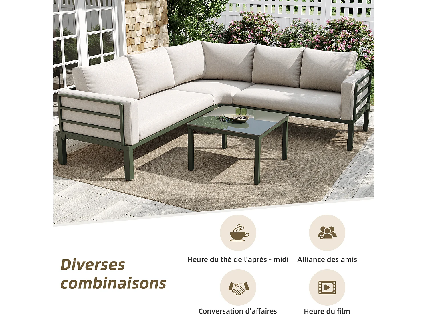 Salon de jardin avec 2 causeuses, 1 canapé d'angle et 1 table basse - avec coussins et dossiers - beige