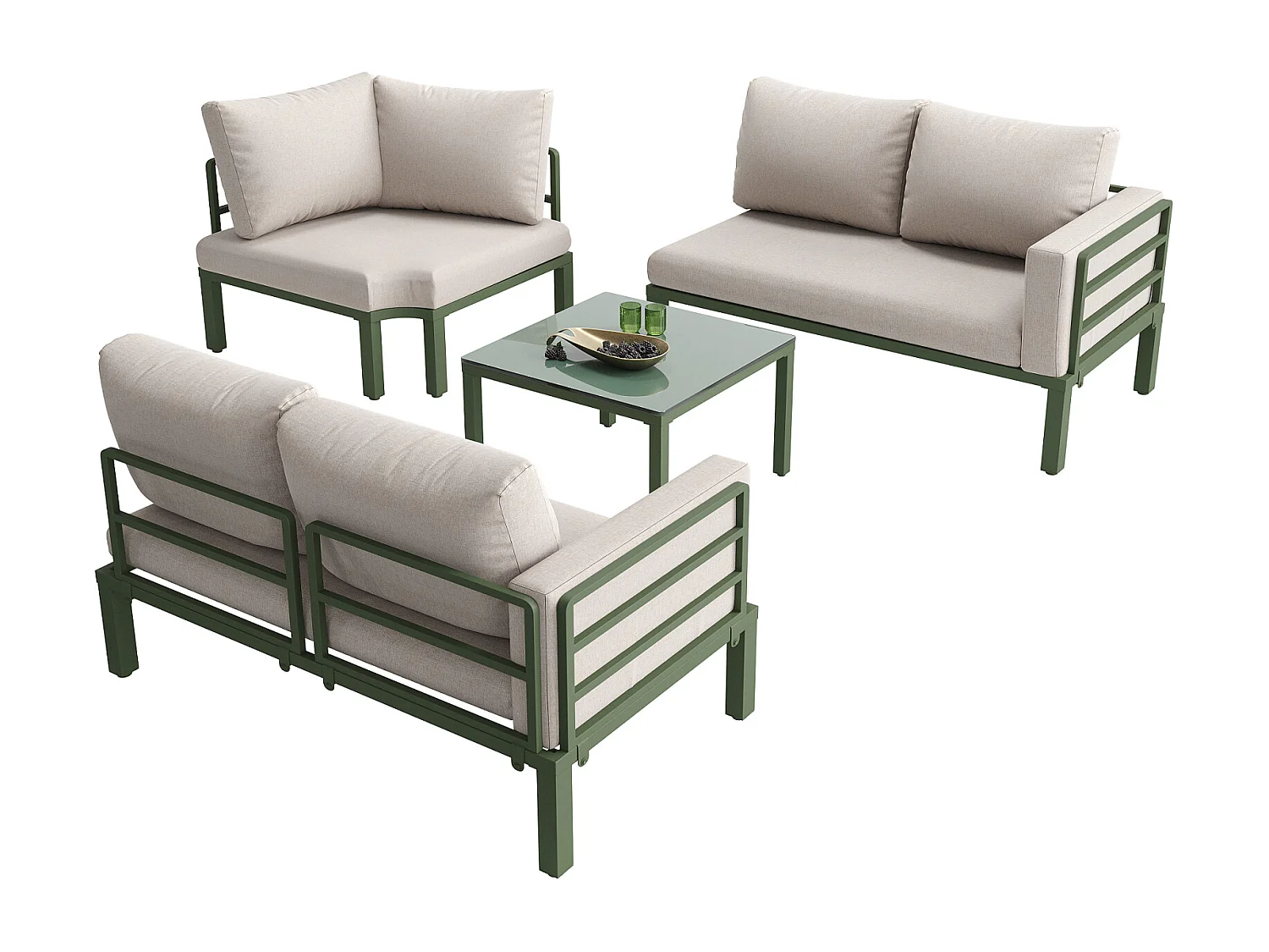 Salon de jardin avec 2 causeuses, 1 canapé d'angle et 1 table basse - avec coussins et dossiers - beige