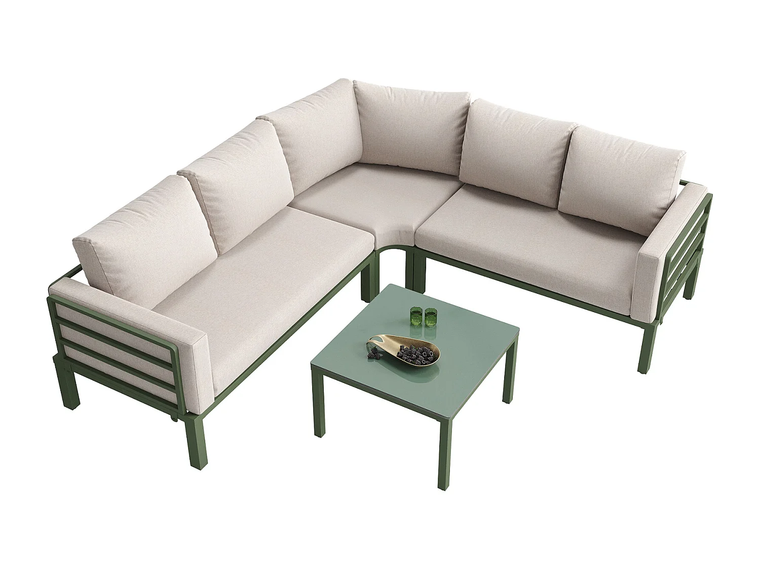 Salon de jardin avec 2 causeuses, 1 canapé d'angle et 1 table basse - avec coussins et dossiers - beige