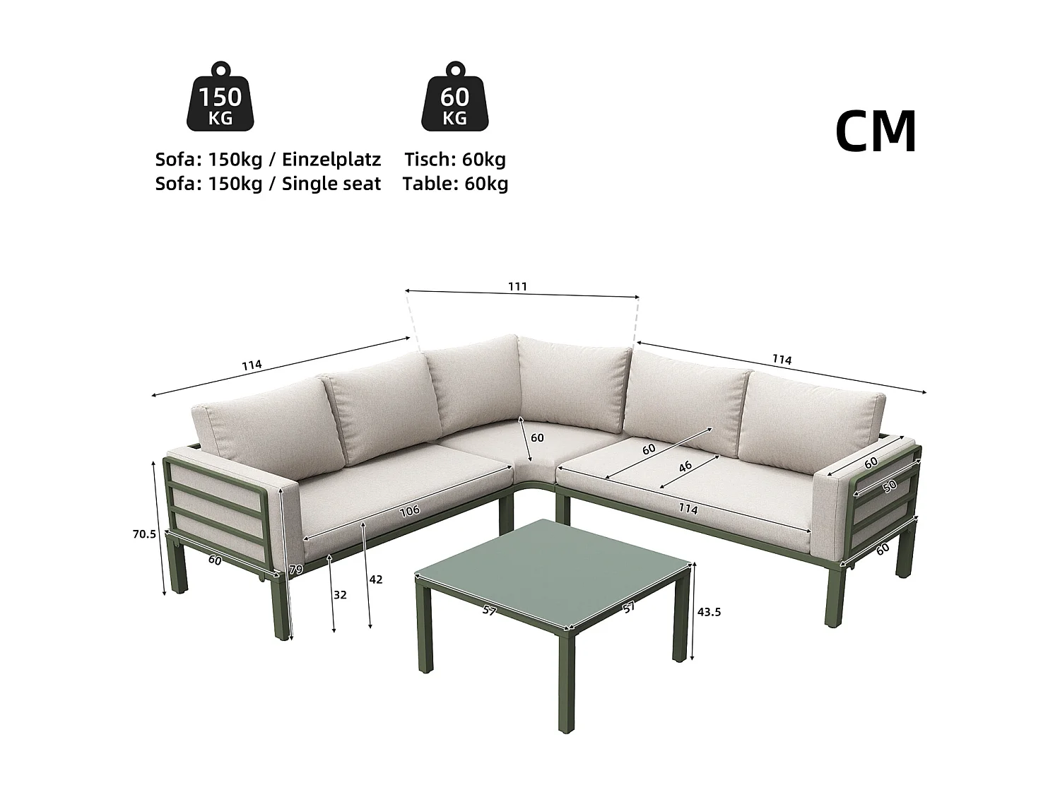 Salon de jardin avec 2 causeuses, 1 canapé d'angle et 1 table basse - avec coussins et dossiers - beige