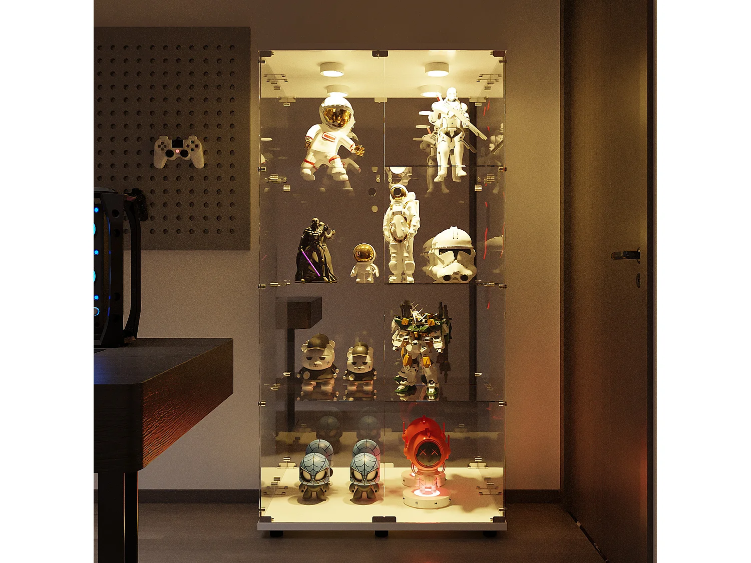 Vitrine en verre à 4 niveaux avec éclairage LED, double porte avec serrures,80,5 x 36,5 x 164 cm