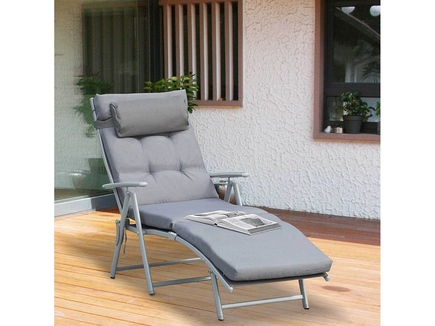 Tumbona de baño plegable y regulable con cojín, tapizado en tela, 137 x 63,5 x 100,5 cm