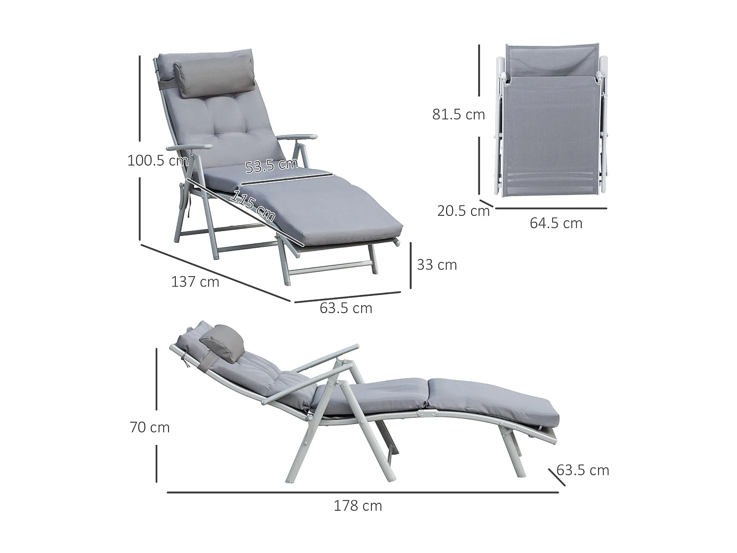 Tumbona de baño plegable y regulable con cojín, tapizado en tela, 137 x 63,5 x 100,5 cm