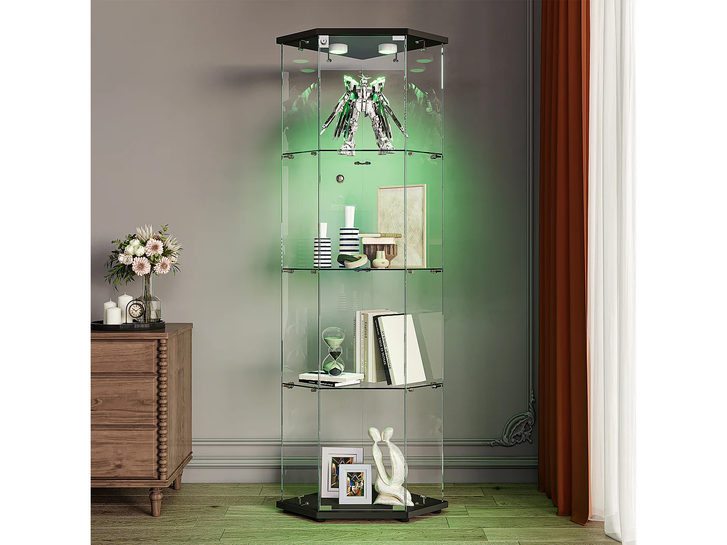 Vitrine d'angle en verre avec éclairage LED et 4 étagères - porte simple - avec serrure - noir