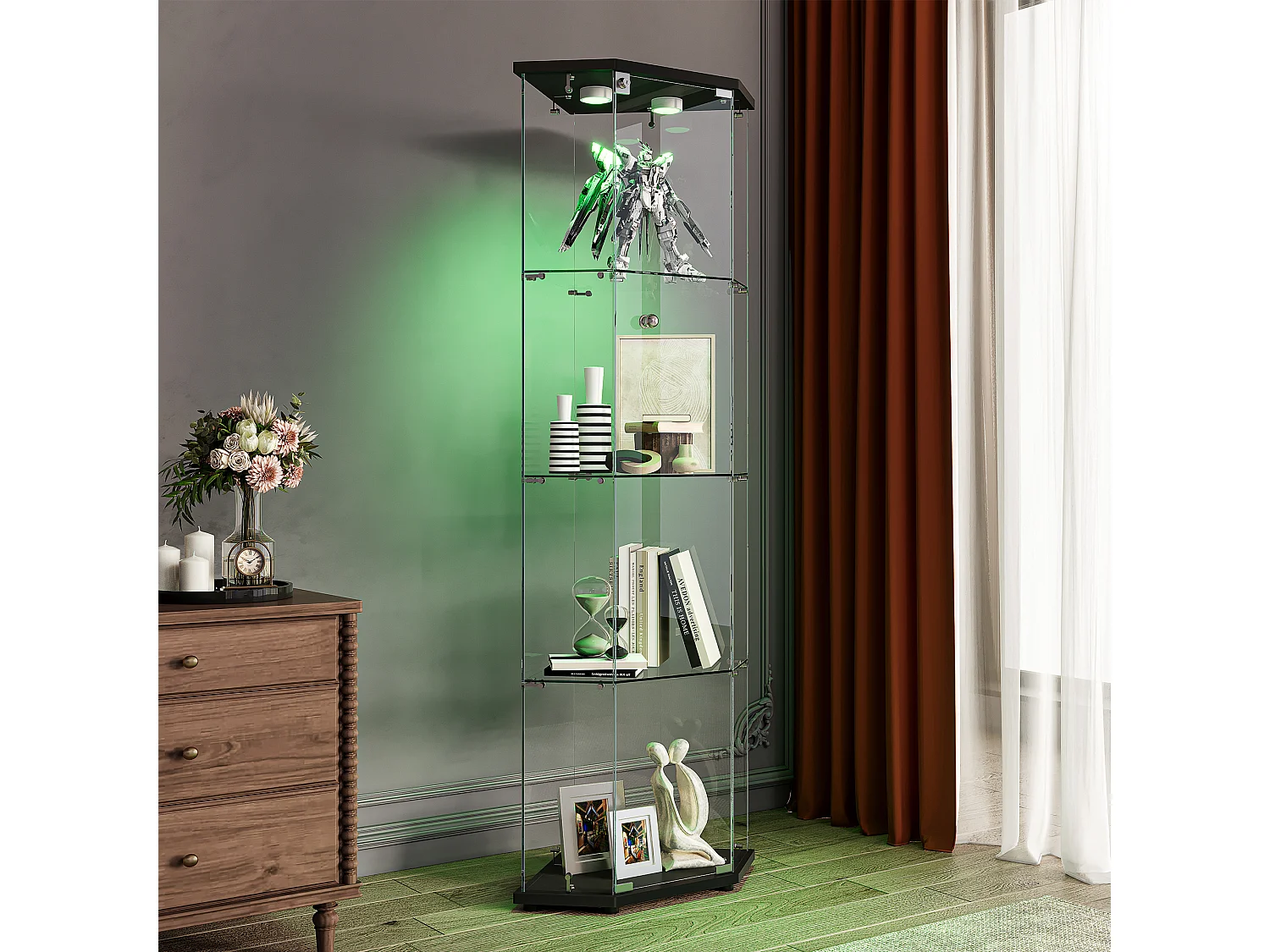 Vitrine d'angle en verre avec éclairage LED et 4 étagères - porte simple - avec serrure - noir