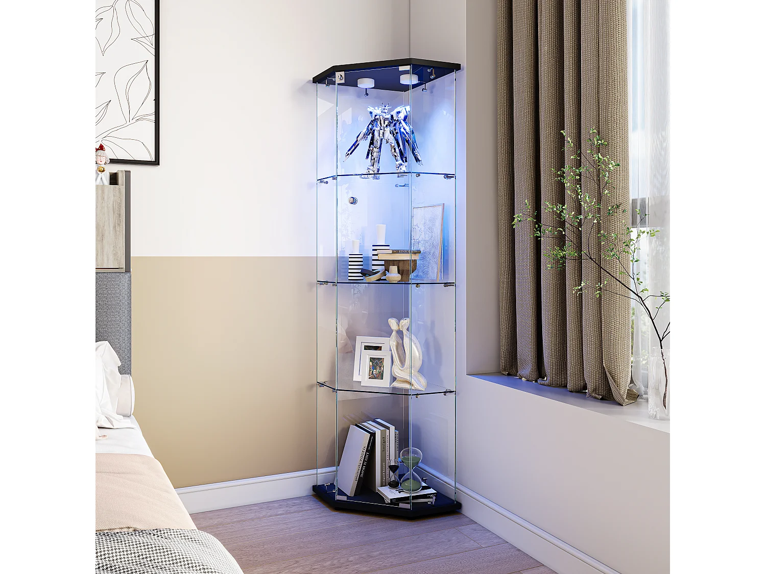 Vitrine d'angle en verre avec éclairage LED et 4 étagères - porte simple - avec serrure - noir