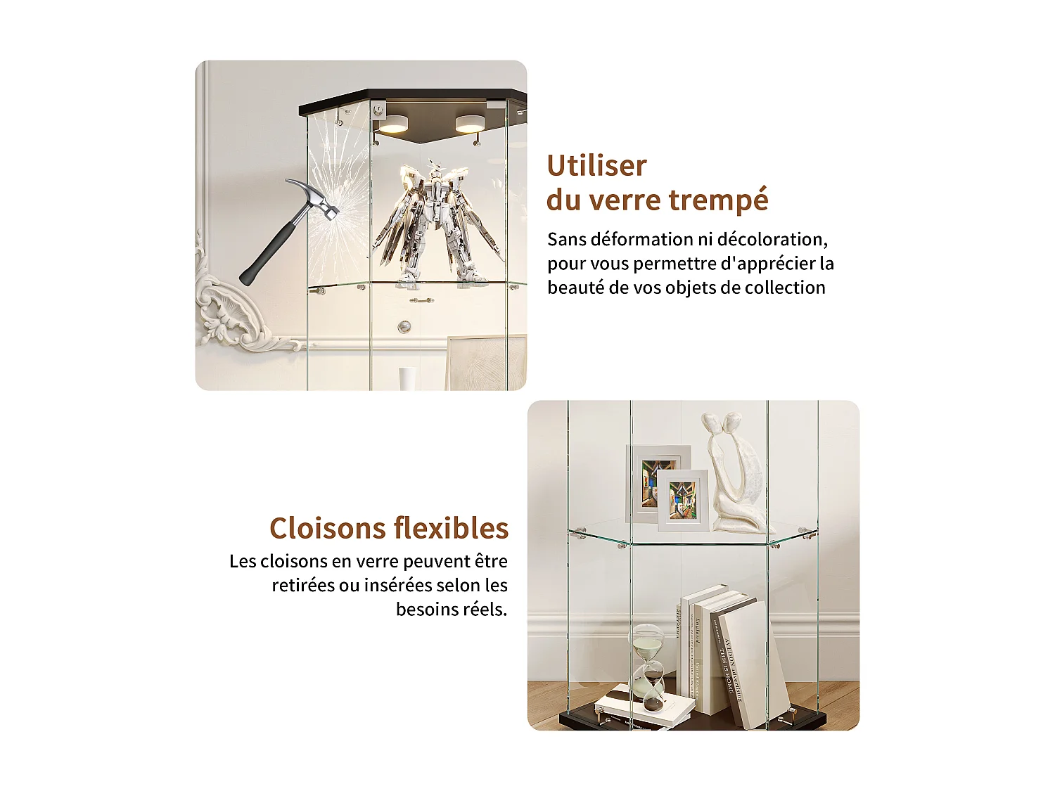 Vitrine d'angle en verre avec éclairage LED et 4 étagères - porte simple - avec serrure - noir