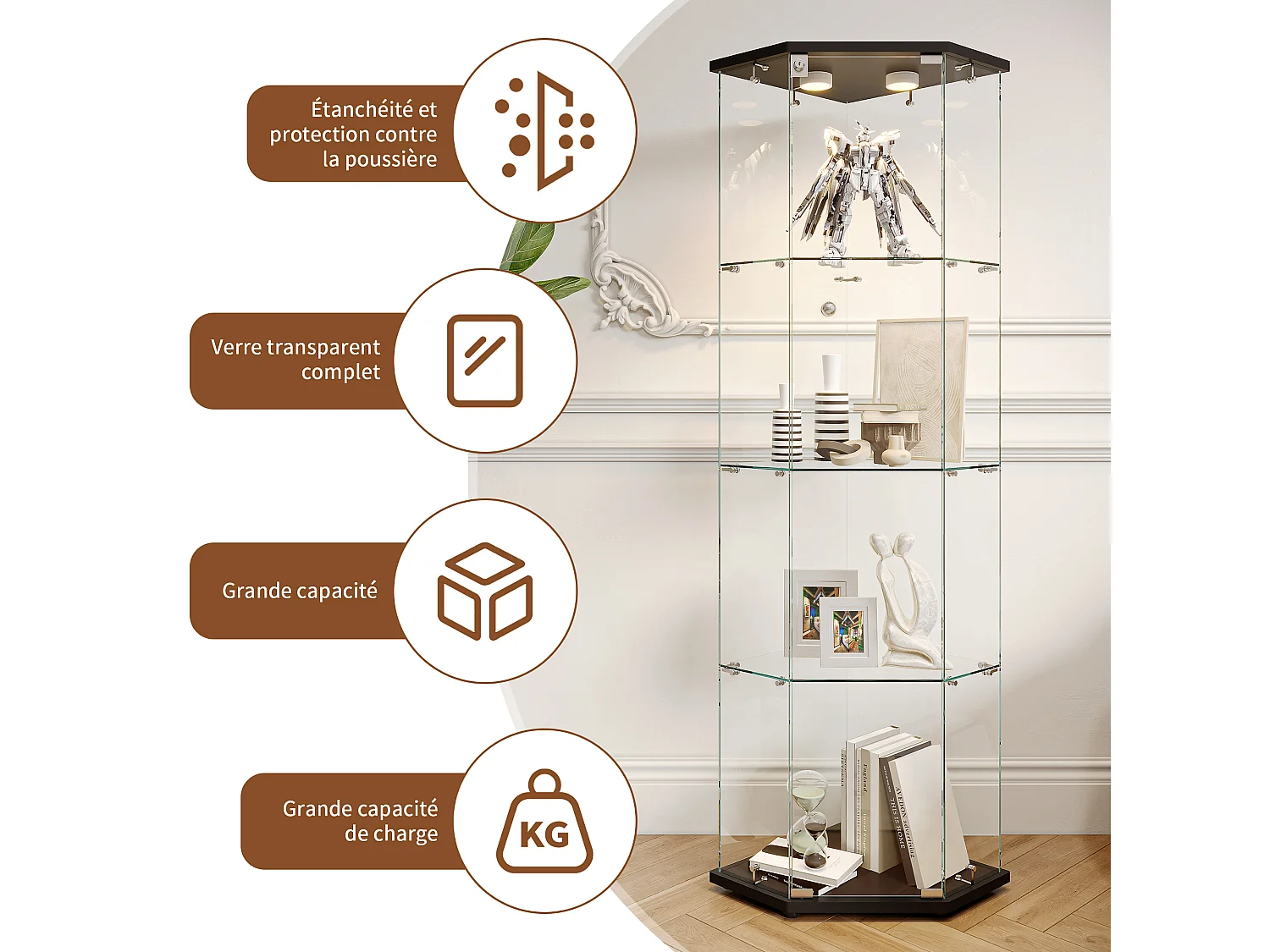 Vitrine d'angle en verre avec éclairage LED et 4 étagères - porte simple - avec serrure - noir