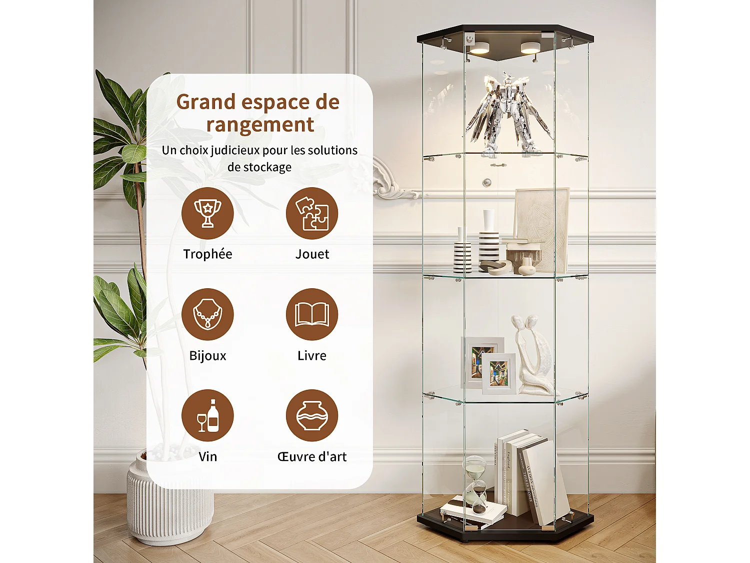 Vitrine d'angle en verre avec éclairage LED et 4 étagères - porte simple - avec serrure - noir