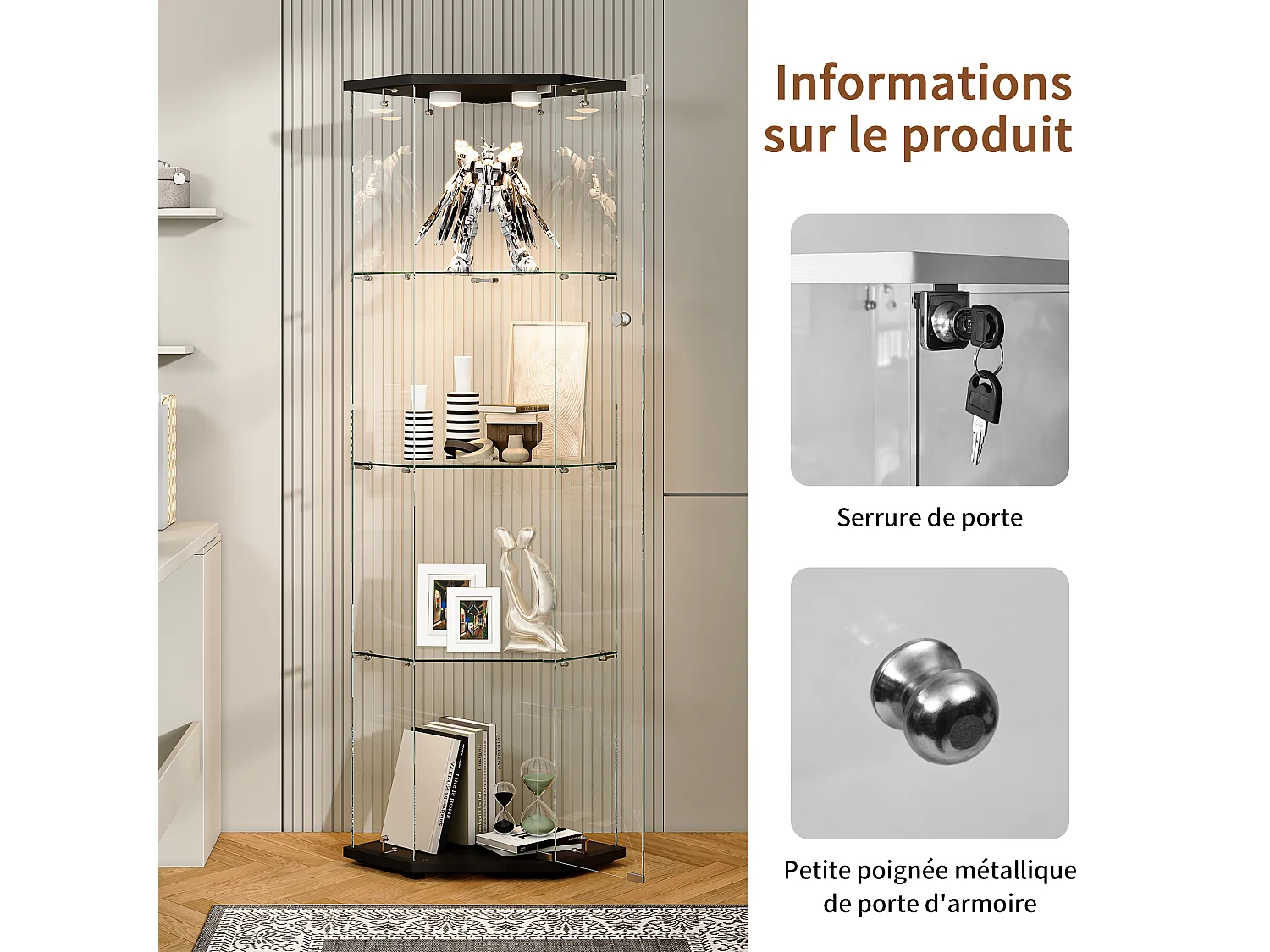 Vitrine d'angle en verre avec éclairage LED et 4 étagères - porte simple - avec serrure - noir