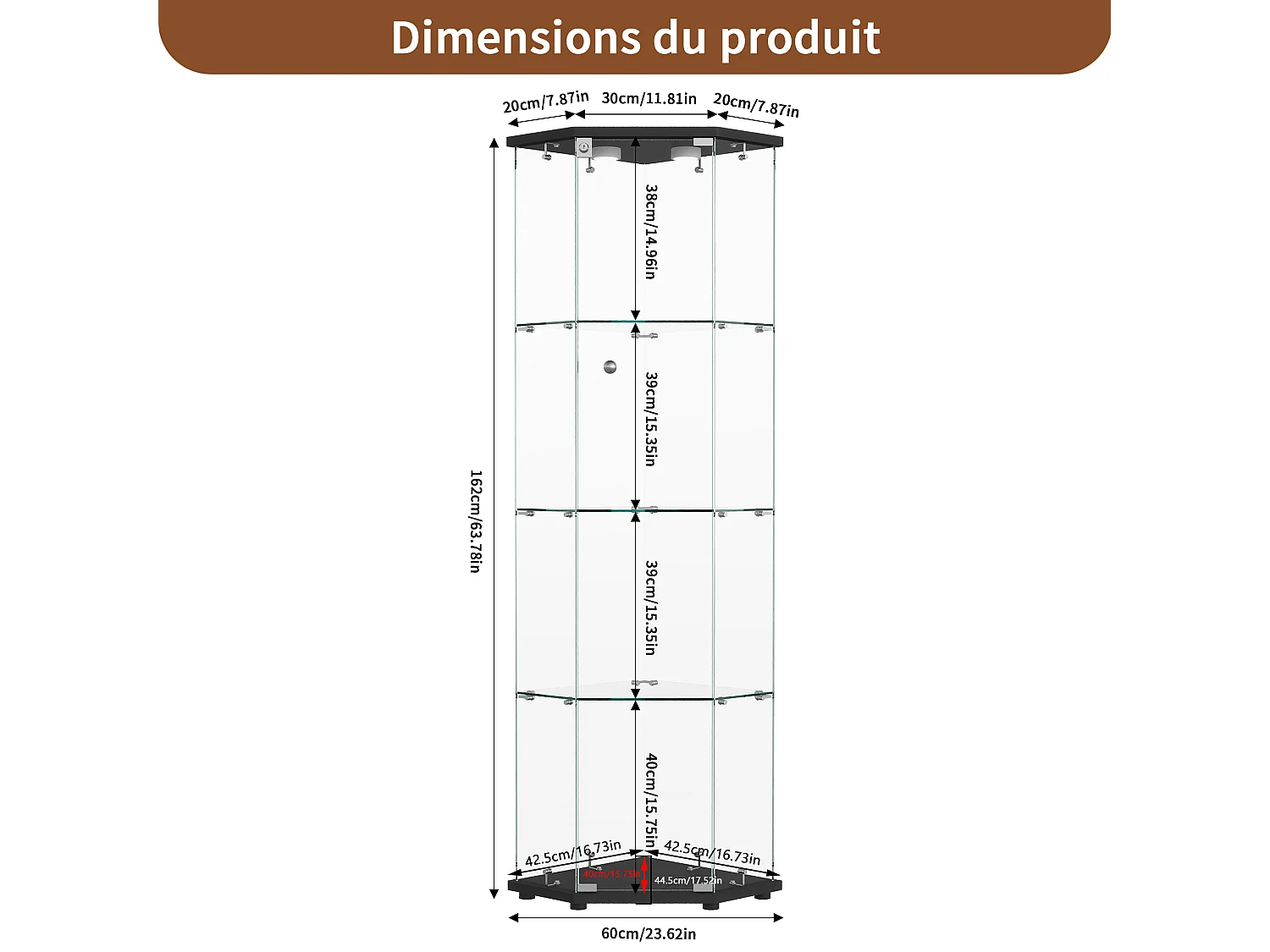 Vitrine d'angle en verre avec éclairage LED et 4 étagères - porte simple - avec serrure - noir