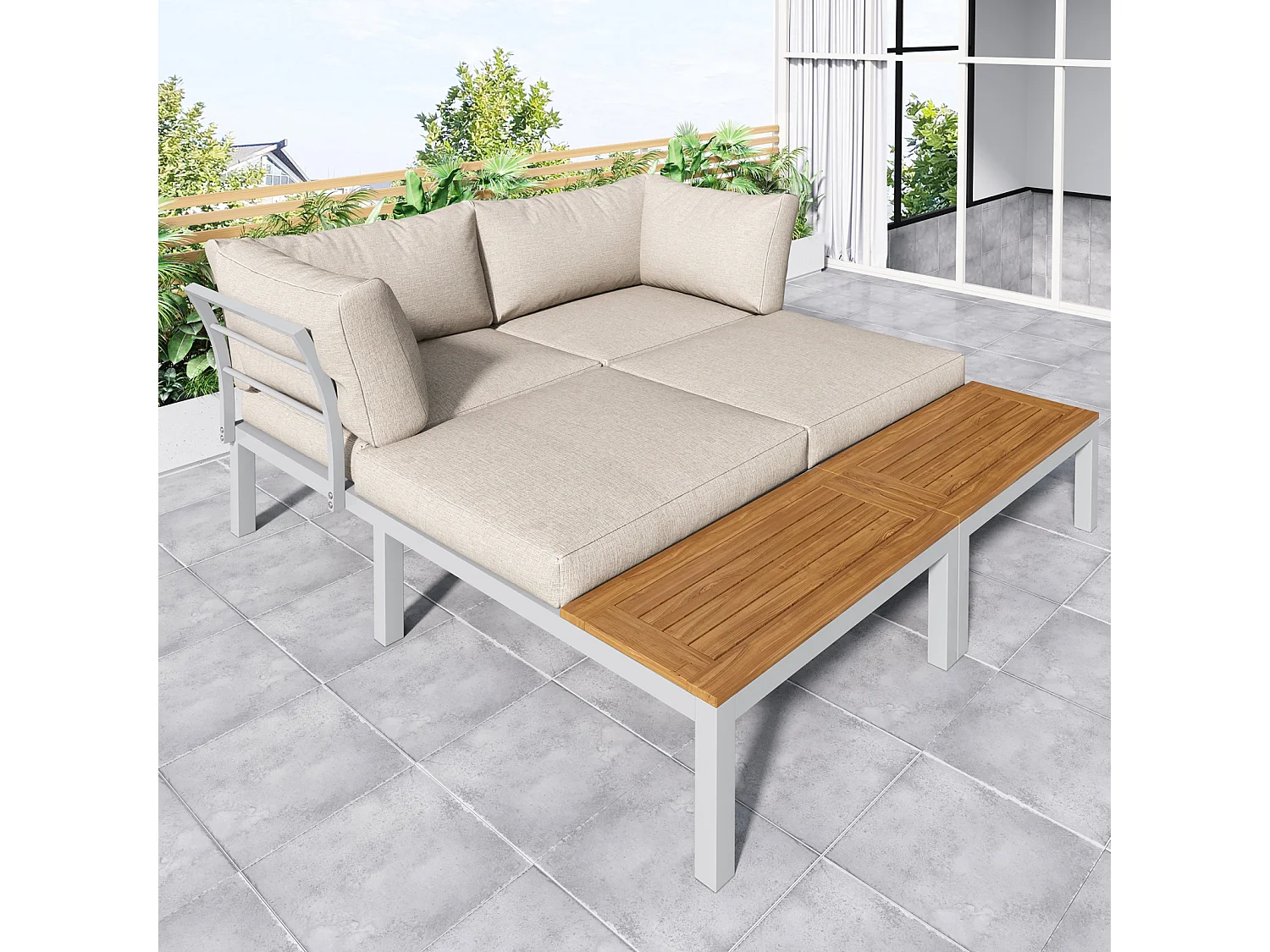 Salon de jardin avec 2 causeuses, 2 tables d'appoint et 1 table basse - avec housses de dossier - beige