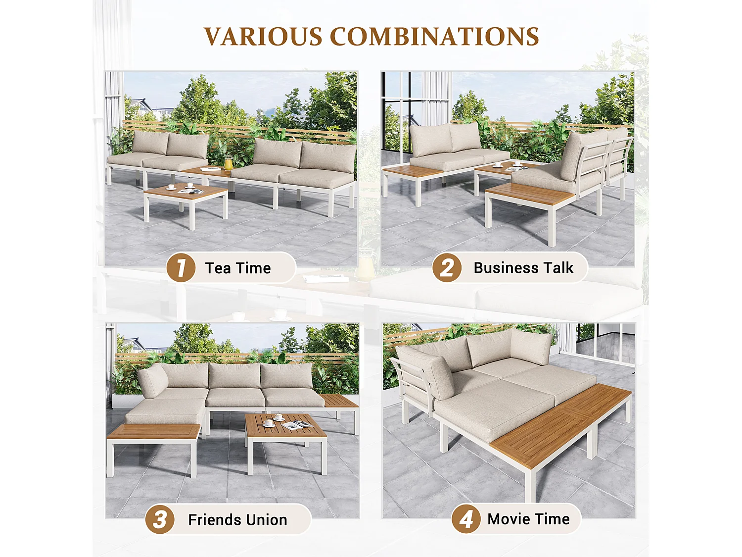 Salon de jardin avec 2 causeuses, 2 tables d'appoint et 1 table basse - avec housses de dossier - beige