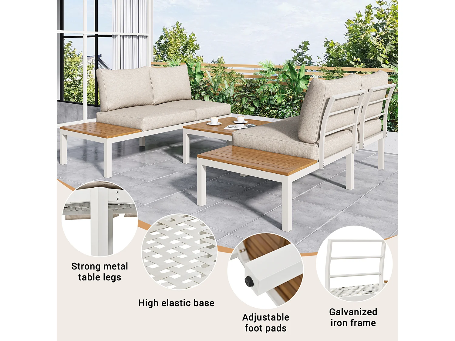 Salon de jardin avec 2 causeuses, 2 tables d'appoint et 1 table basse - avec housses de dossier - beige