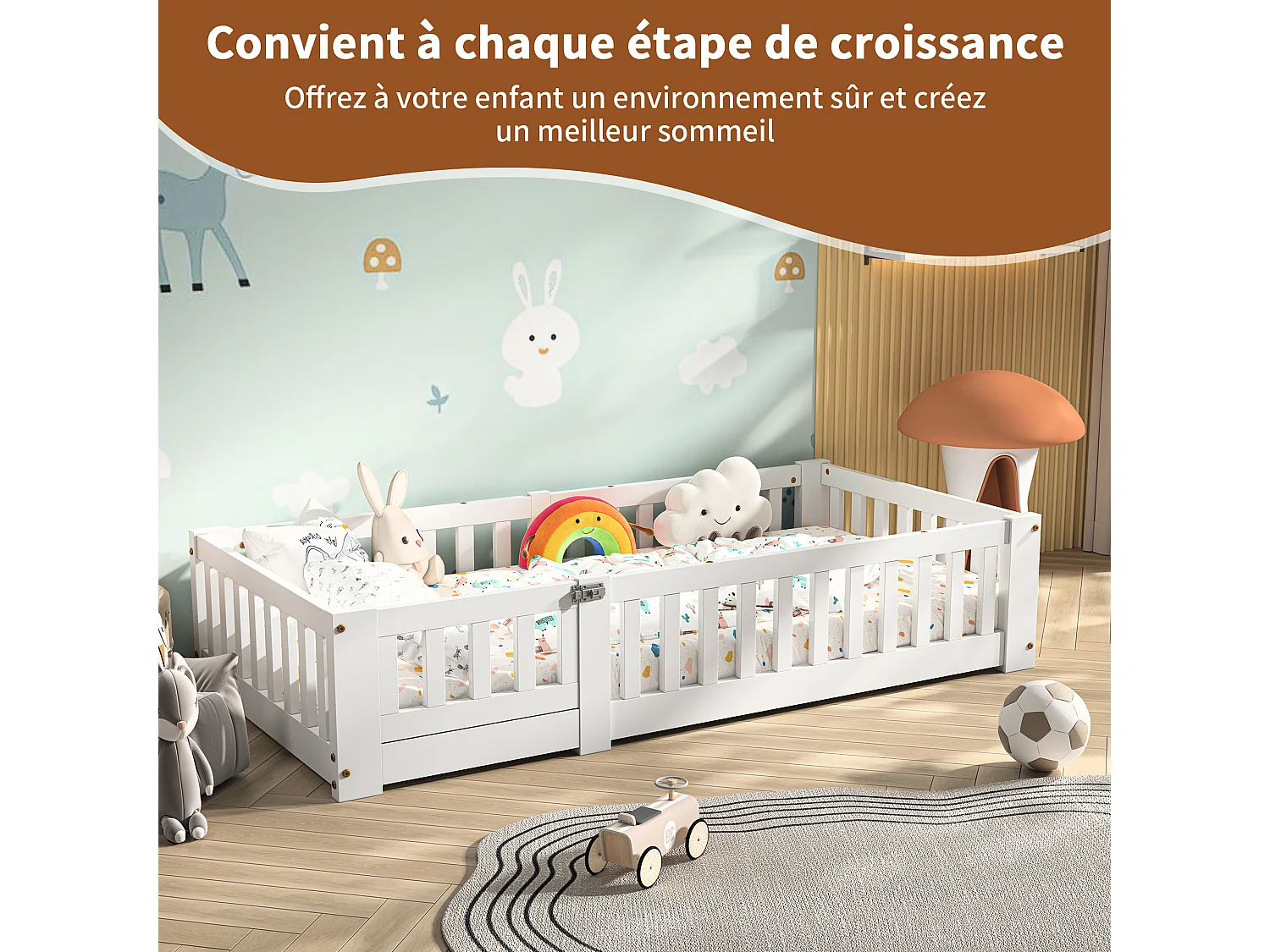 Lit bébé 90x190 cm - avec barrières de sécurité et sommier à lattes - en pin massif - blanc
