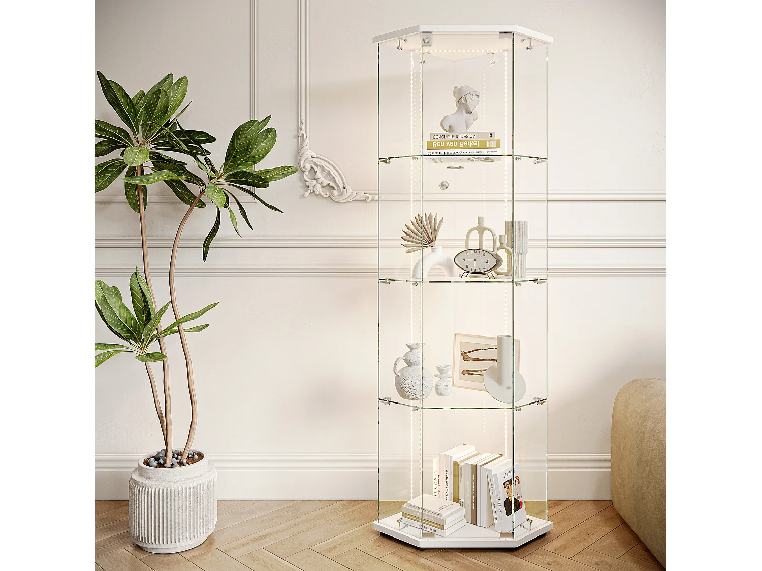 Vitrina de cristal de esquina con iluminación LED y cerradura - una puerta - 4 estantes - blanco