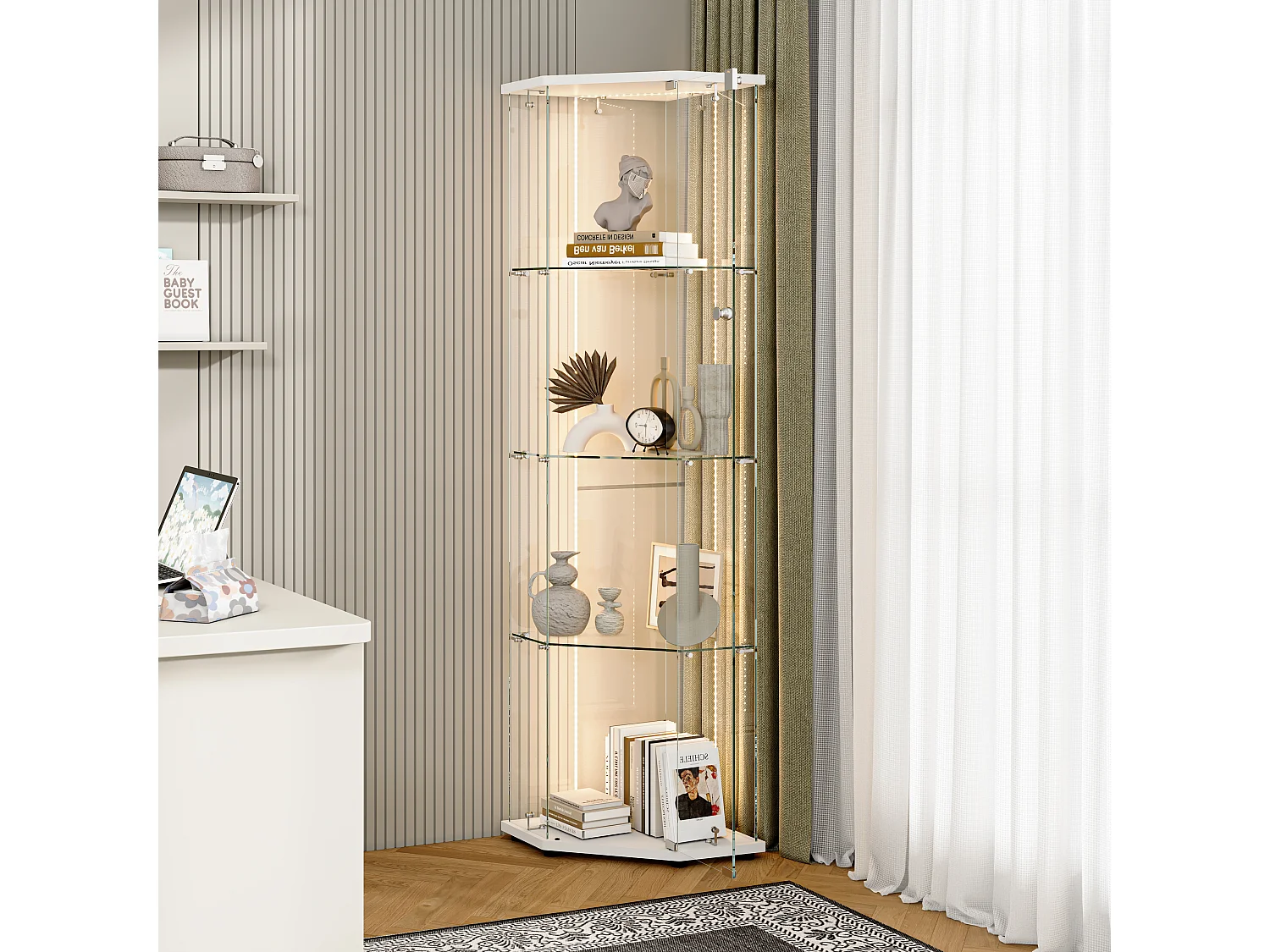 Vitrina de cristal de esquina con iluminación LED y cerradura - una puerta - 4 estantes - blanco
