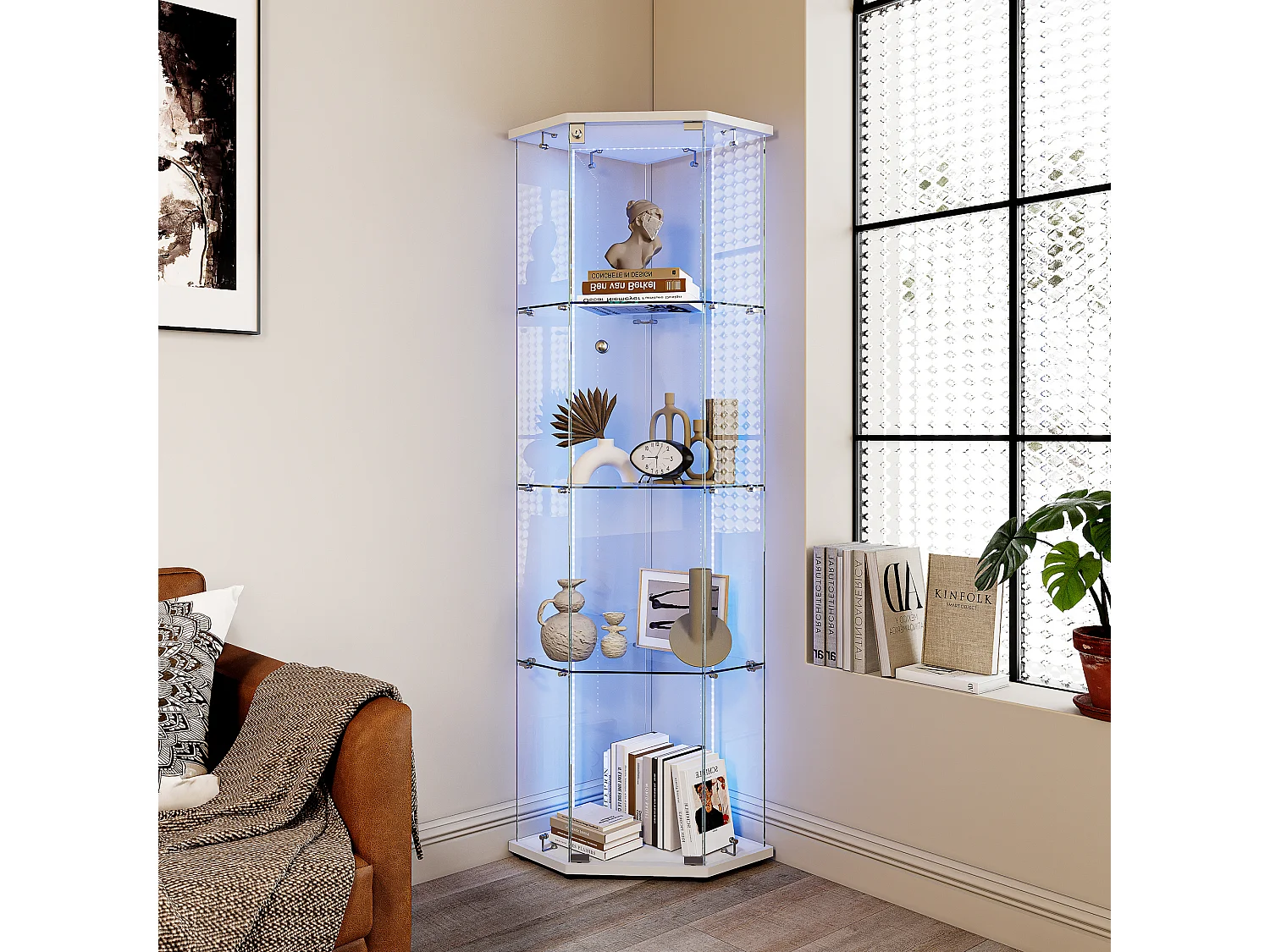Vitrina de cristal de esquina con iluminación LED y cerradura - una puerta - 4 estantes - blanco