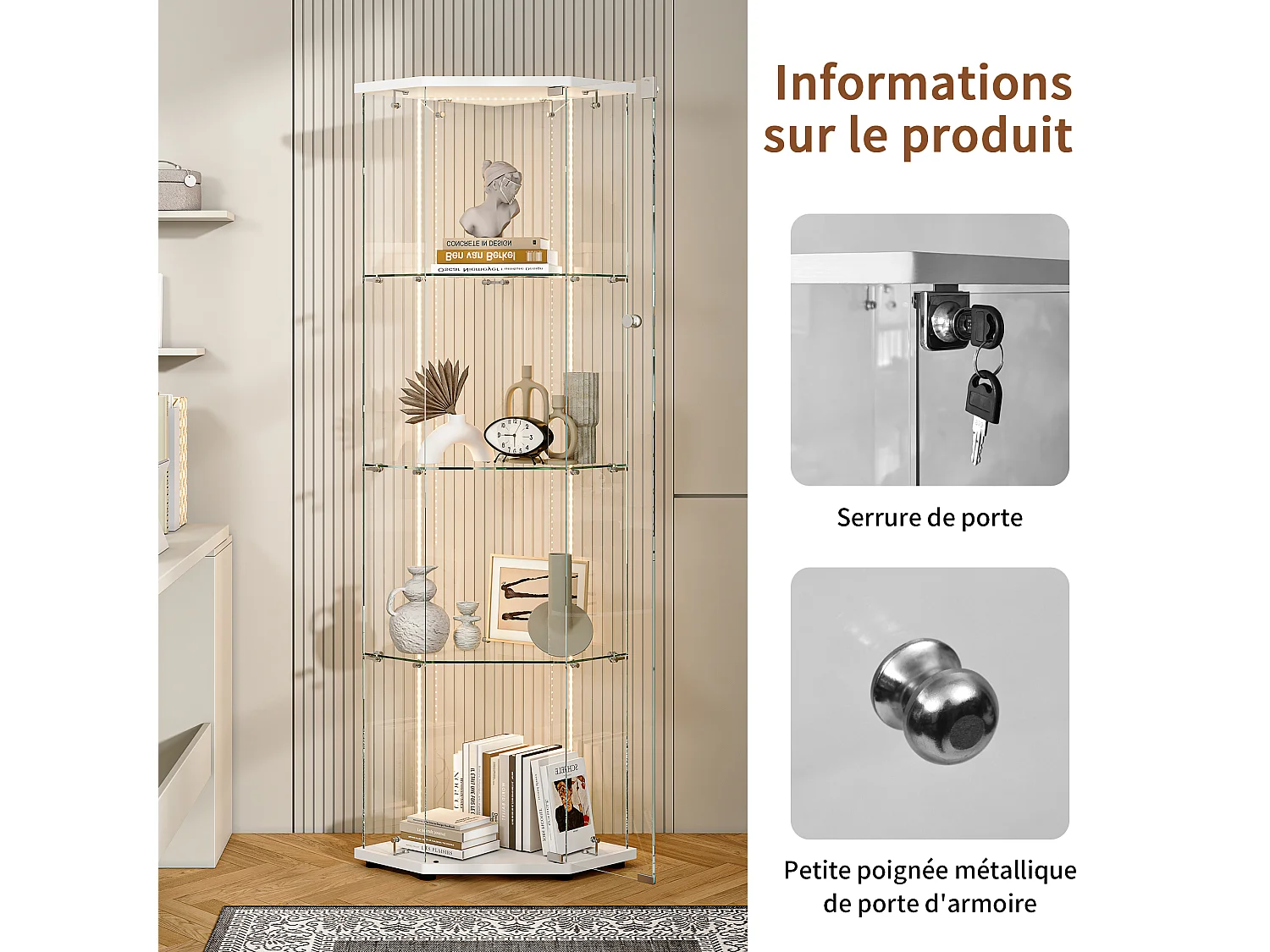 Vitrina de cristal de esquina con iluminación LED y cerradura - una puerta - 4 estantes - blanco