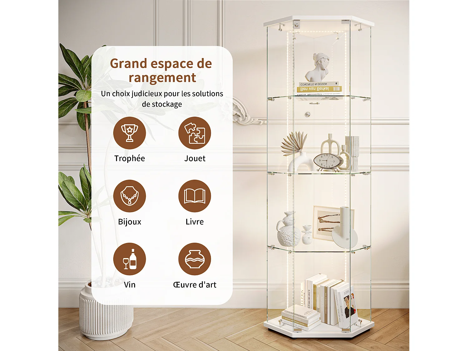 Vitrina de cristal de esquina con iluminación LED y cerradura - una puerta - 4 estantes - blanco