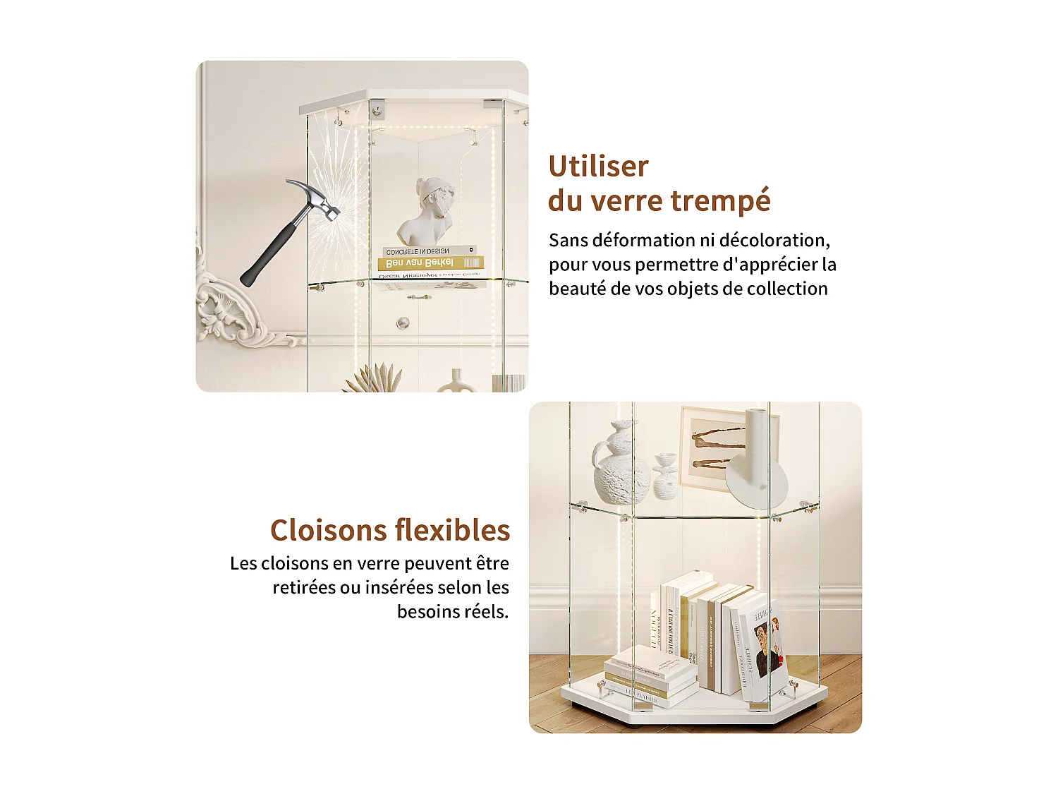 Vitrina de cristal de esquina con iluminación LED y cerradura - una puerta - 4 estantes - blanco