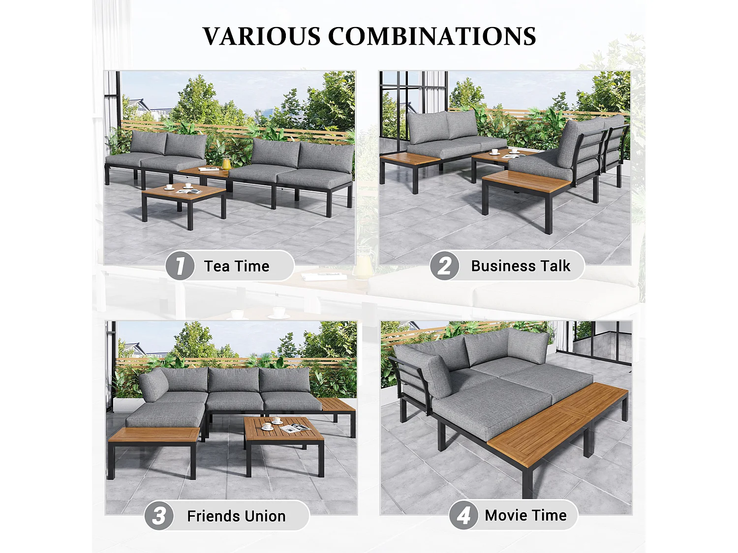 Salon de jardin avec 2 causeuses, 2 tables d'appoint et 1 table basse - avec housses de dossier - gris