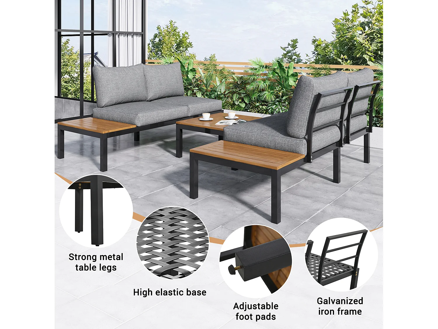 Salon de jardin avec 2 causeuses, 2 tables d'appoint et 1 table basse - avec housses de dossier - gris