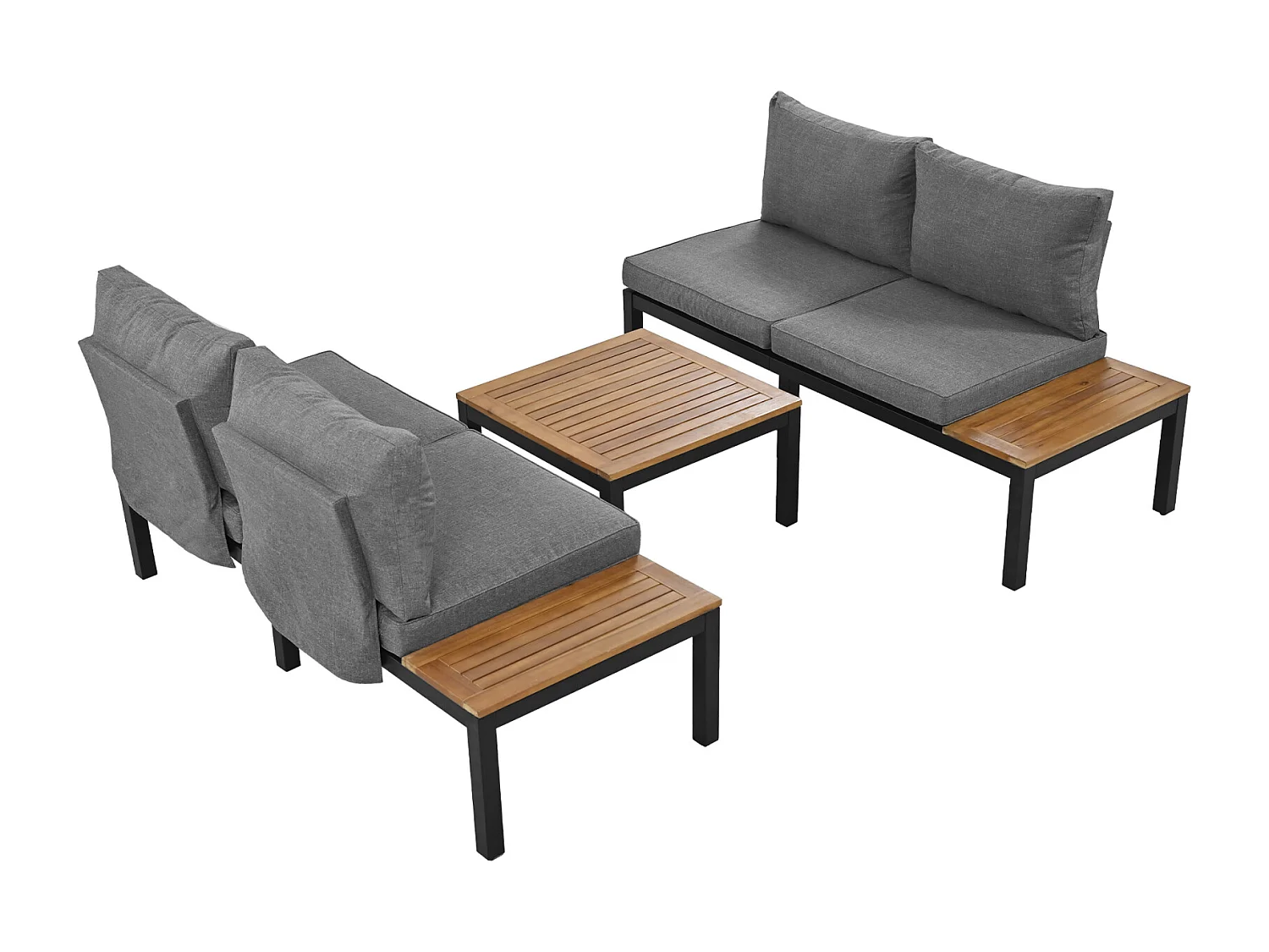 Salon de jardin avec 2 causeuses, 2 tables d'appoint et 1 table basse - avec housses de dossier - gris