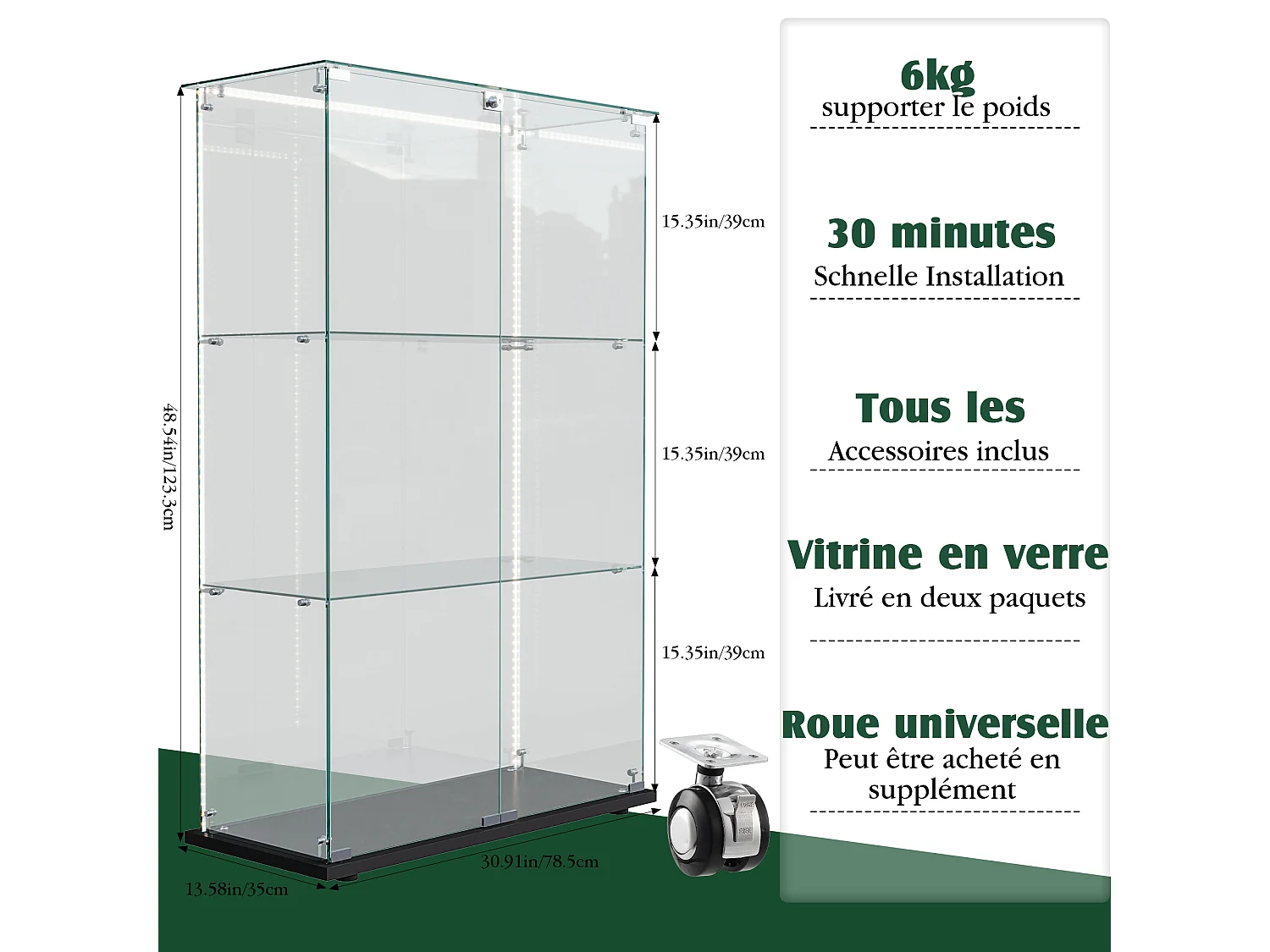 Vitrine avec éclairage LED, vitrine sur pied avec serrure, 2 portes et 3 étagères, 123.3 x 78,5 x 35 cm,noir