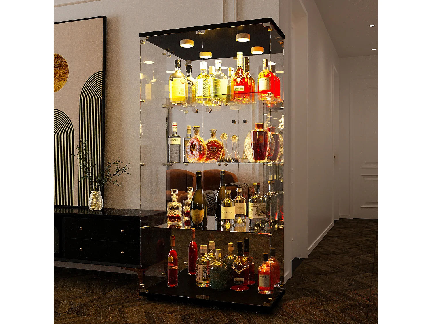 Vitrine en verre à 4 niveaux avec éclairage LED, double porte avec serrures,80,5 x 36,5 x 164 cm