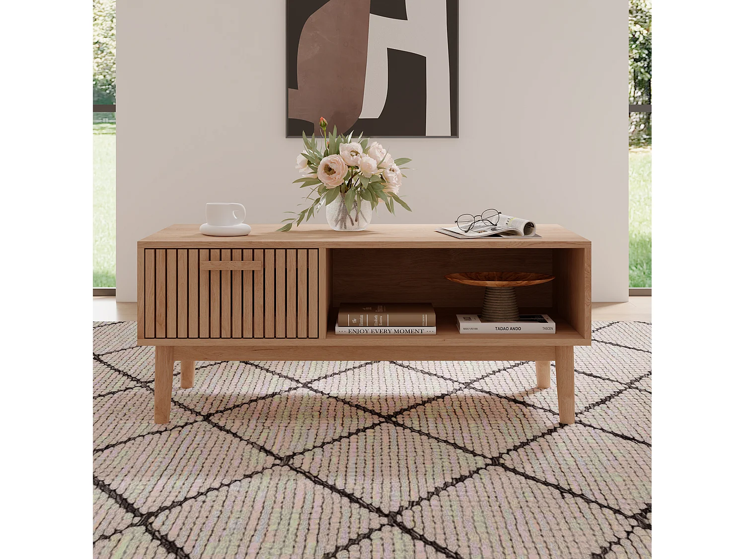 Table basse en osier - avec tiroirs et rangement ouvert - 100 x 50 x 43 cm