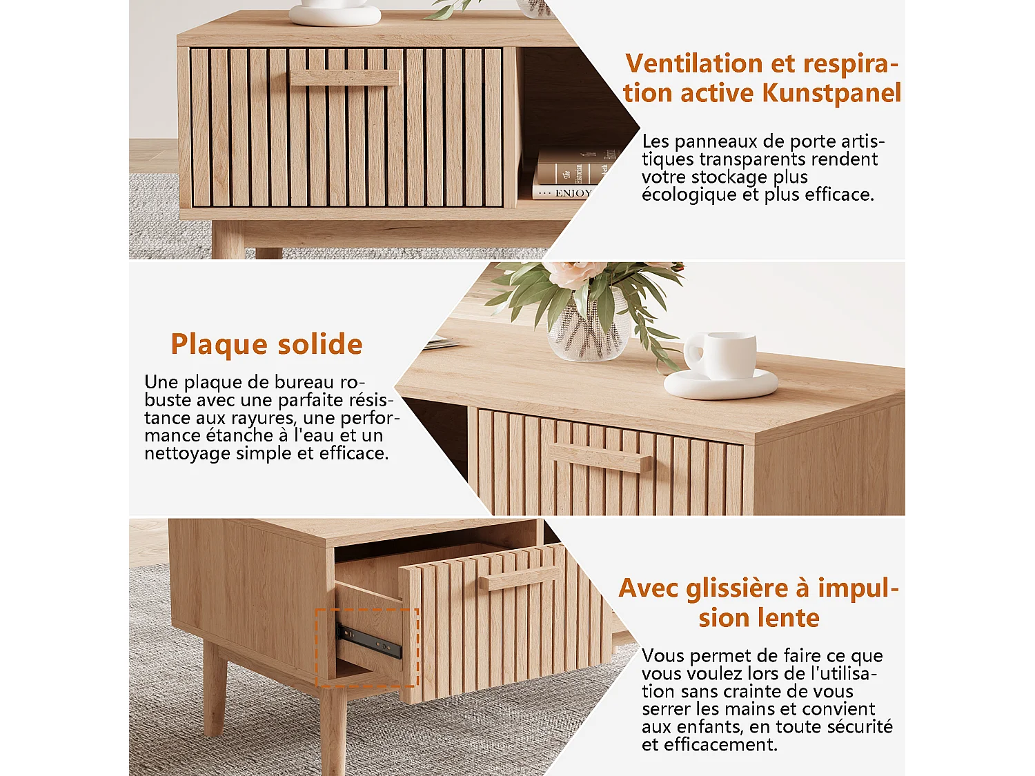Table basse en osier - avec tiroirs et rangement ouvert - 100 x 50 x 43 cm