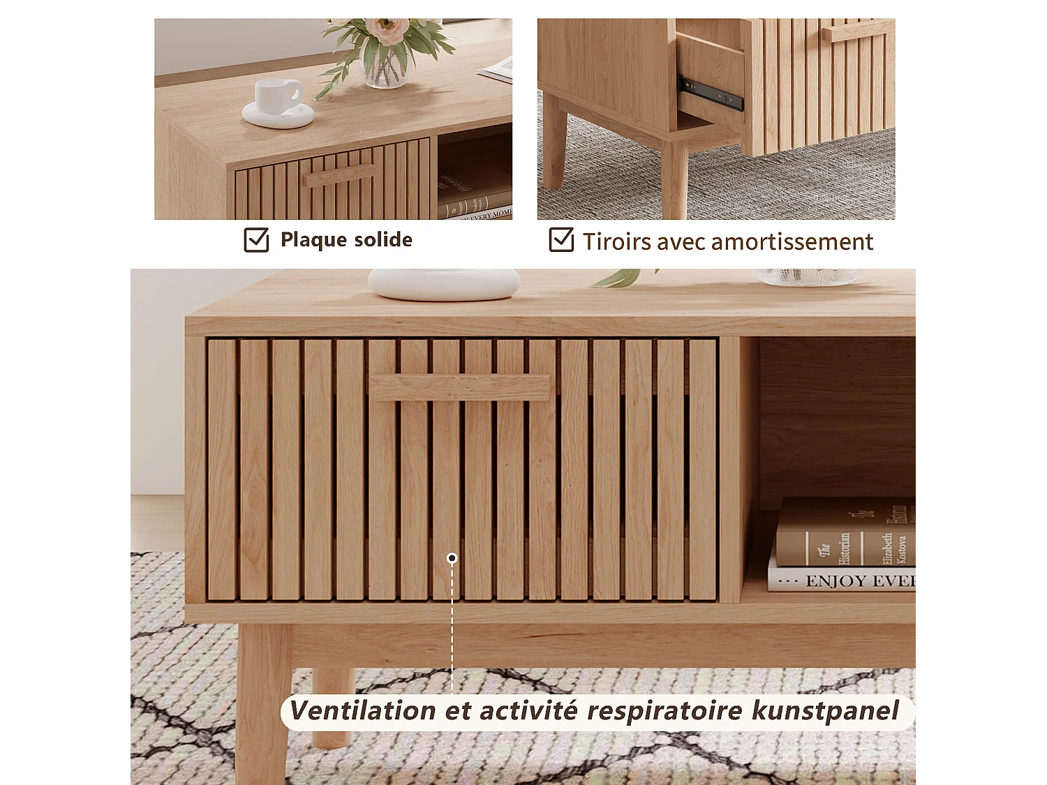 Table basse en osier - avec tiroirs et rangement ouvert - 100 x 50 x 43 cm