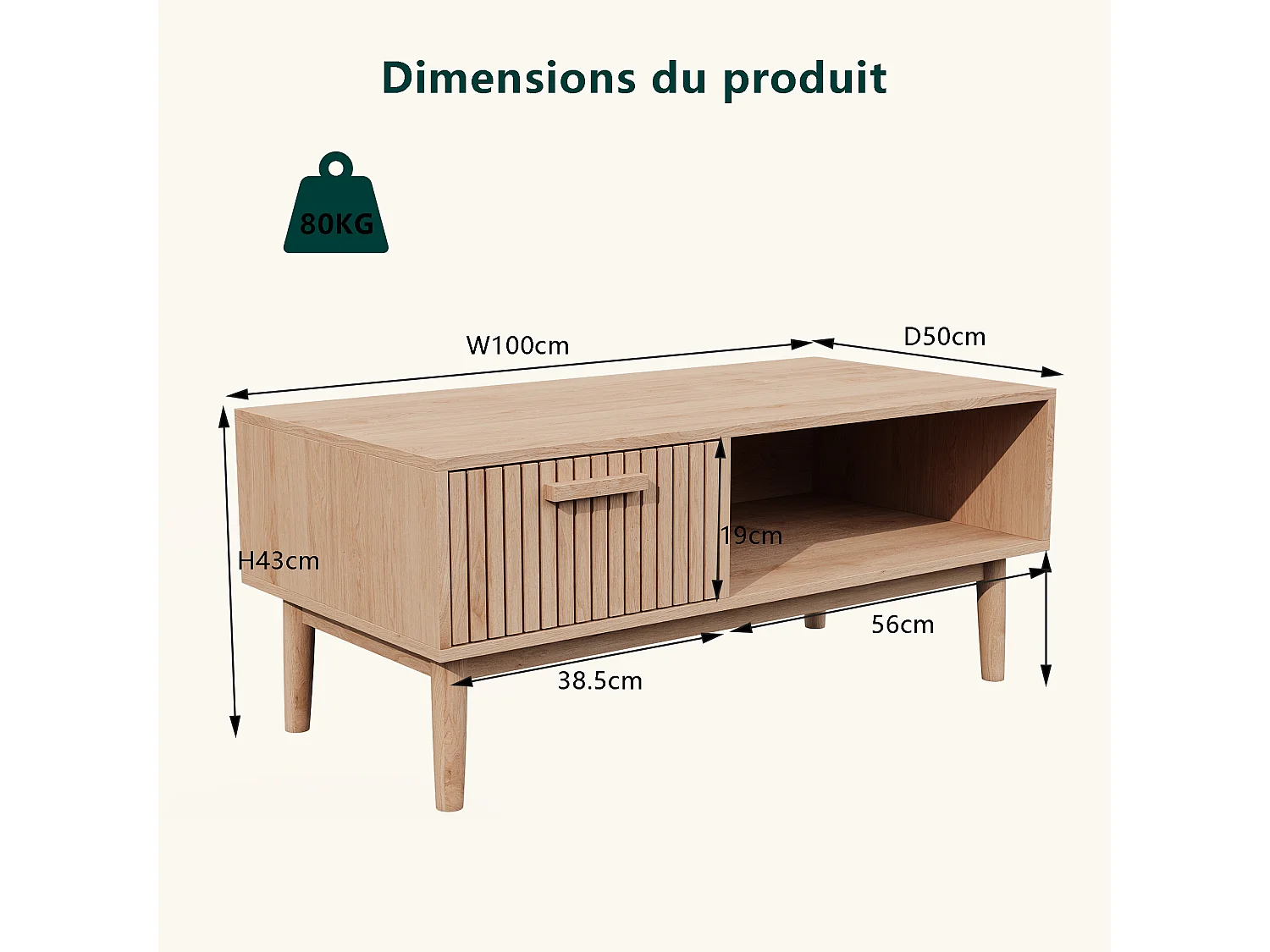 Table basse en osier - avec tiroirs et rangement ouvert - 100 x 50 x 43 cm