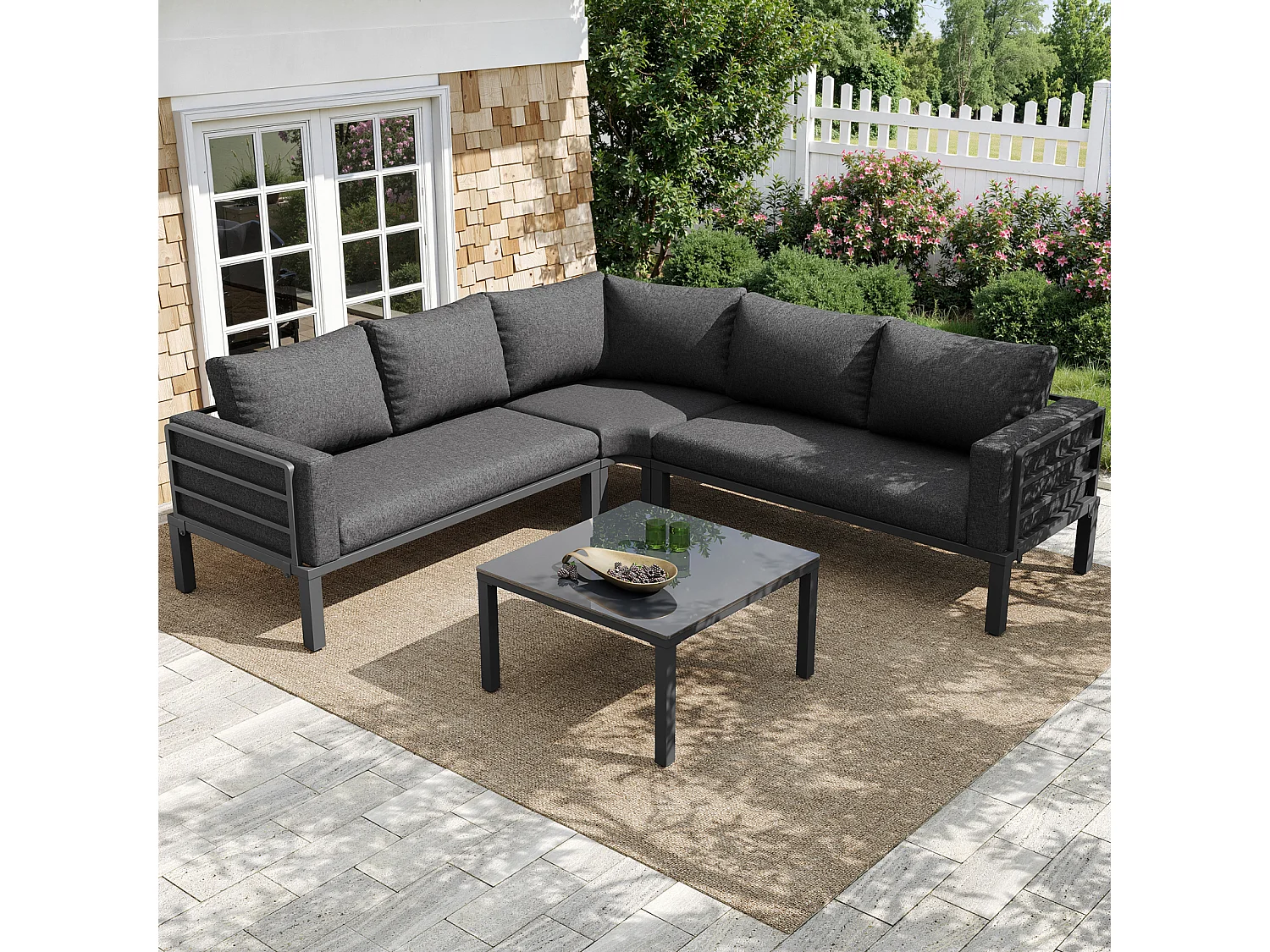 Salon de jardin avec 2 causeuses, 1 canapé d'angle et 1 table basse - avec coussins et dossiers - gris