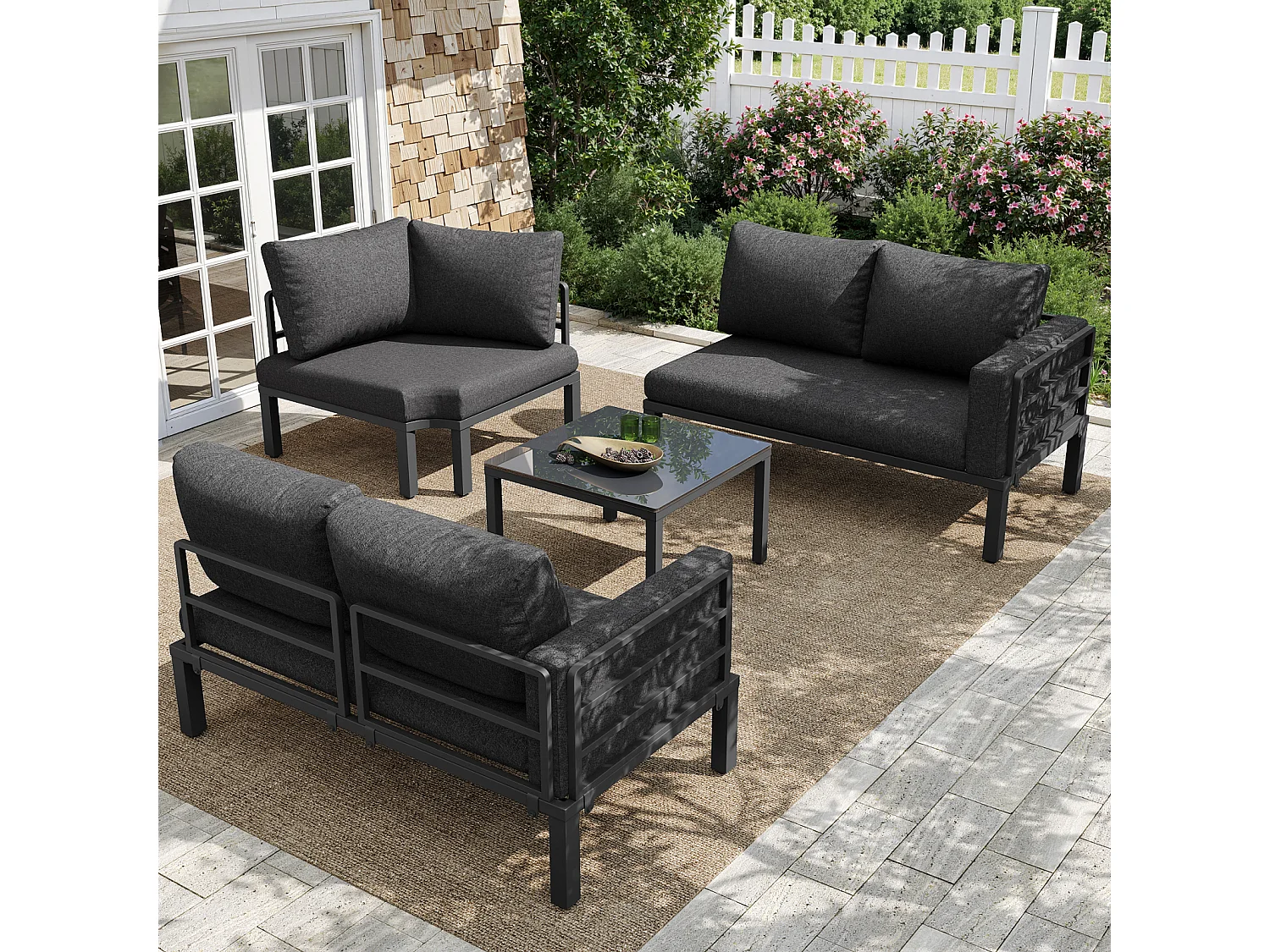 Salon de jardin avec 2 causeuses, 1 canapé d'angle et 1 table basse - avec coussins et dossiers - gris