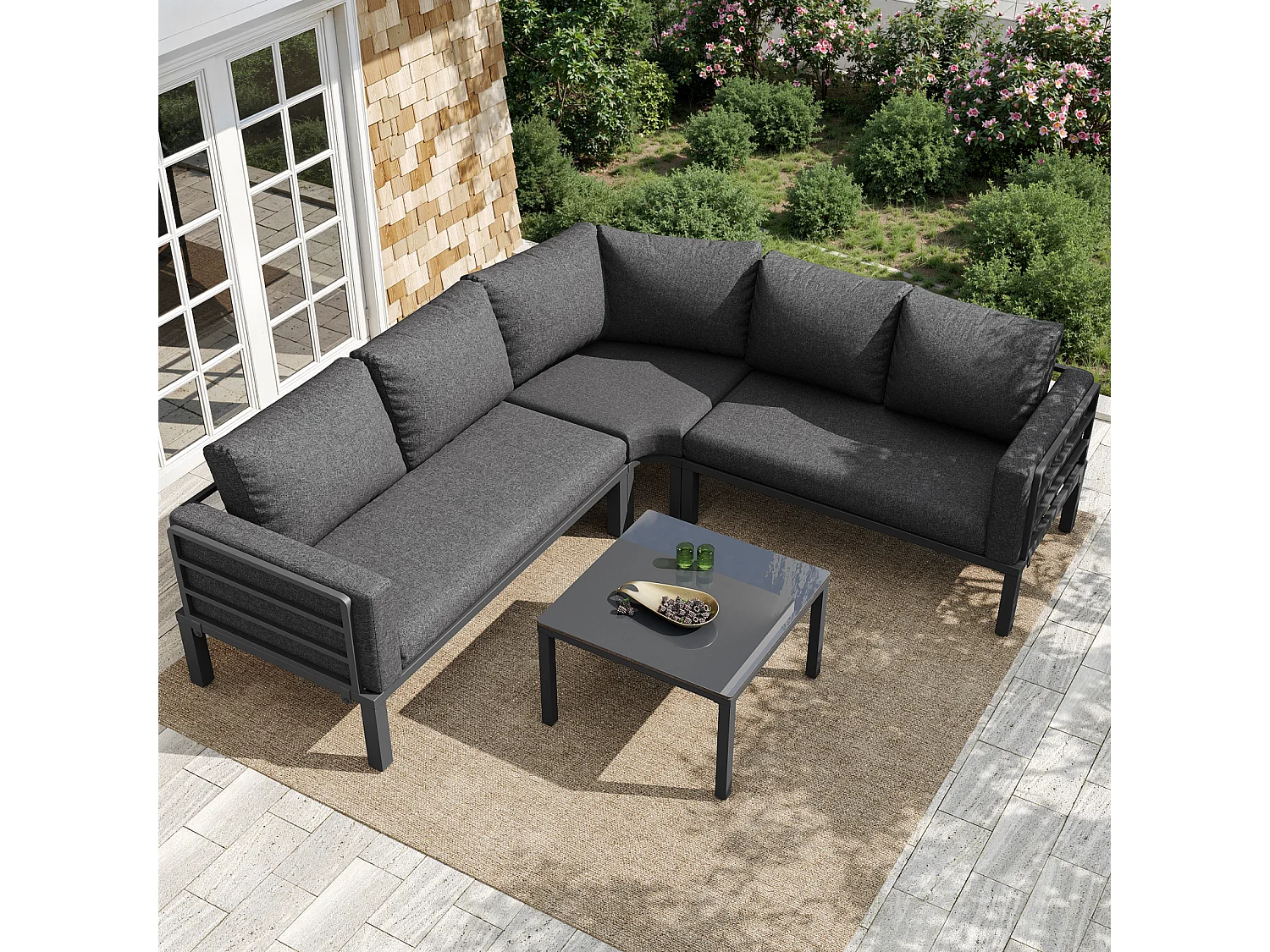 Salon de jardin avec 2 causeuses, 1 canapé d'angle et 1 table basse - avec coussins et dossiers - gris