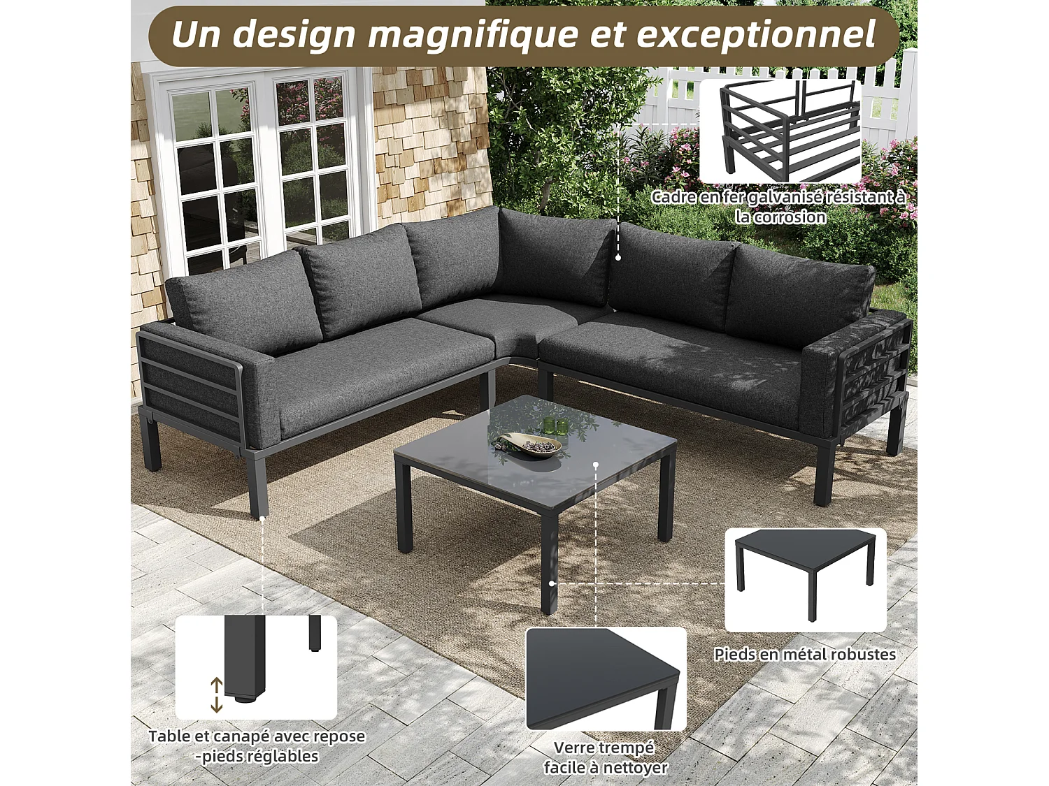 Salon de jardin avec 2 causeuses, 1 canapé d'angle et 1 table basse - avec coussins et dossiers - gris