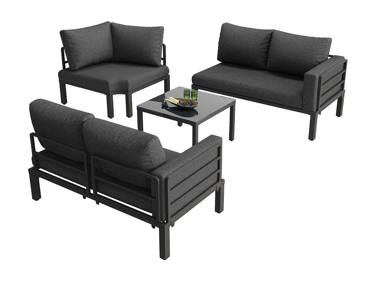 Salon de jardin avec 2 causeuses, 1 canapé d'angle et 1 table basse - avec coussins et dossiers - gris