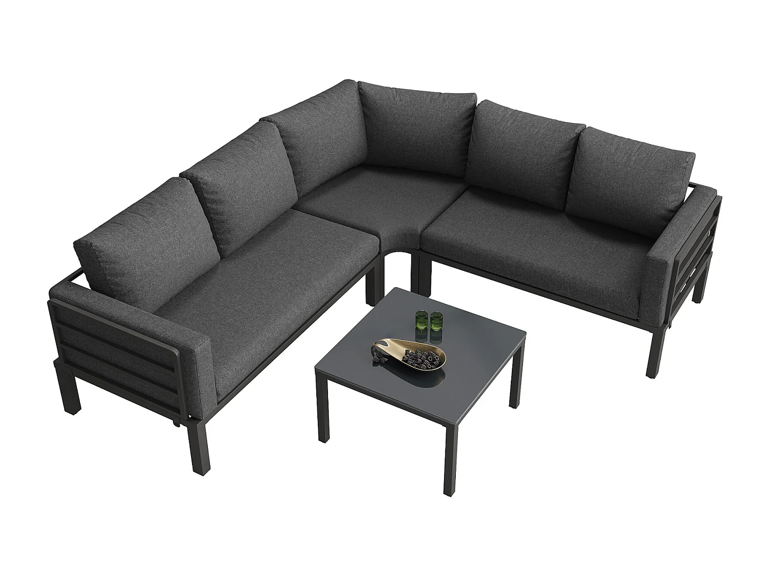 Salon de jardin avec 2 causeuses, 1 canapé d'angle et 1 table basse - avec coussins et dossiers - gris