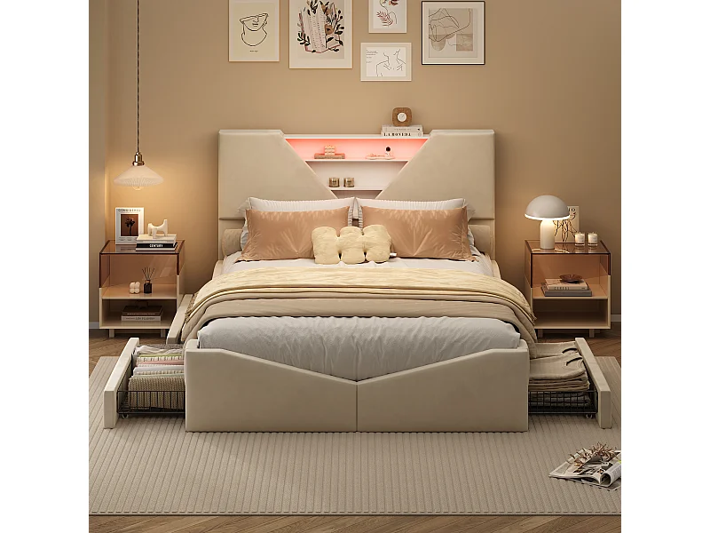 Lit double 160x200cm - avec éclairage LED et 4 tiroirs - tête de lit avec fonction rangement - velours - beige