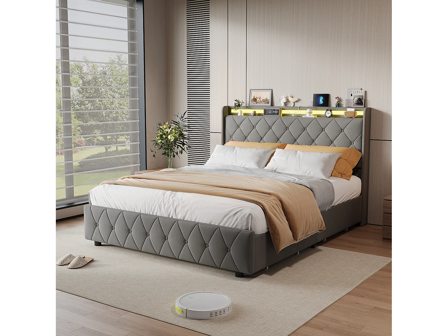 Lit double 160x200cm avec 4 tiroirs - LED et ports USB - tête de lit avec rangement - velours - gris