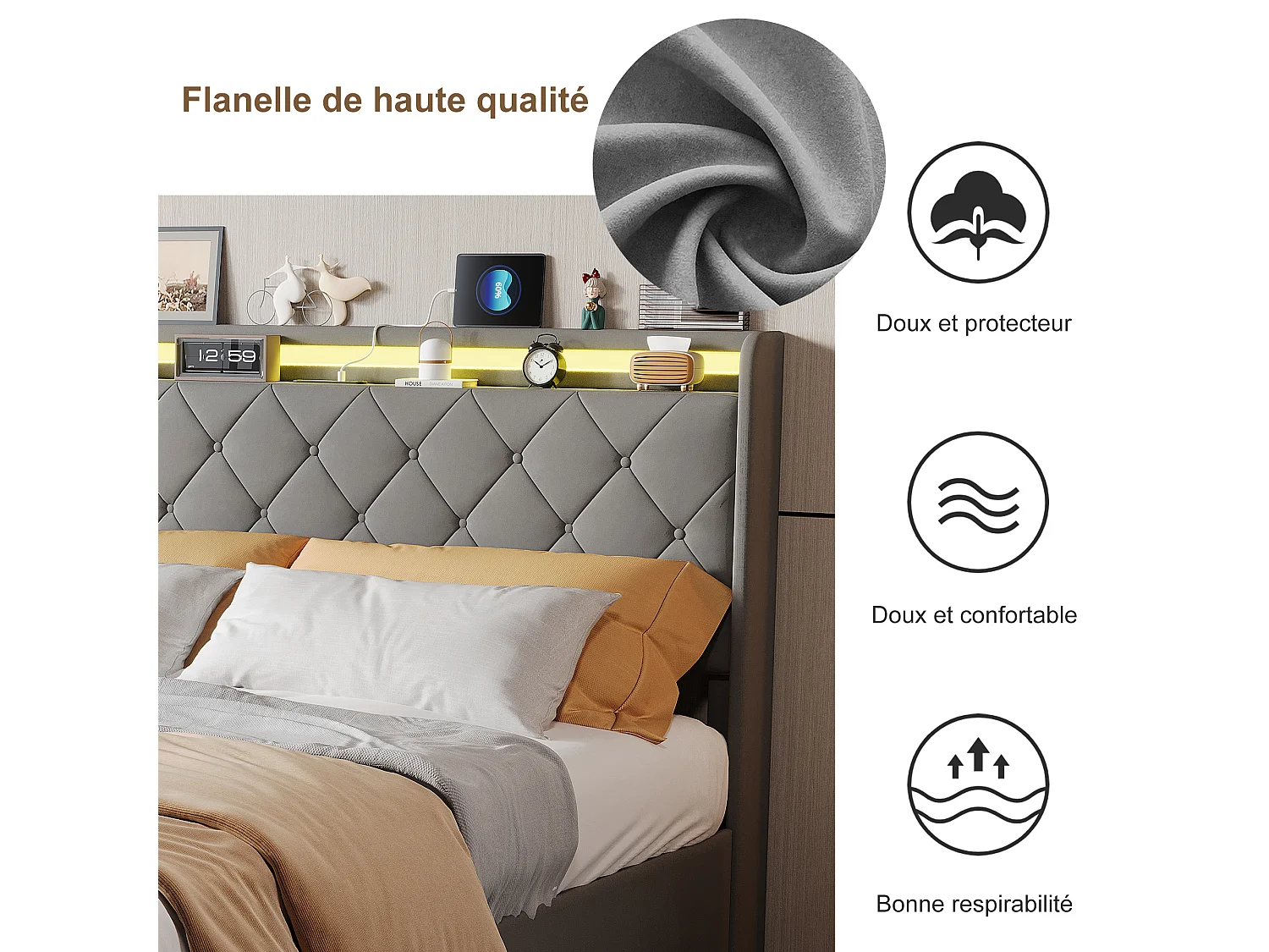 Lit double 160x200cm avec 4 tiroirs - LED et ports USB - tête de lit avec rangement - velours - gris
