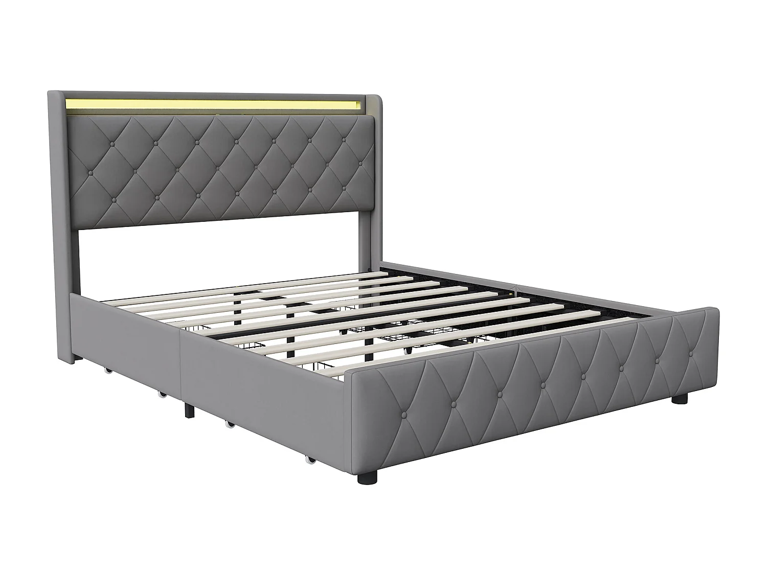 Lit double 160x200cm avec 4 tiroirs - LED et ports USB - tête de lit avec rangement - velours - gris