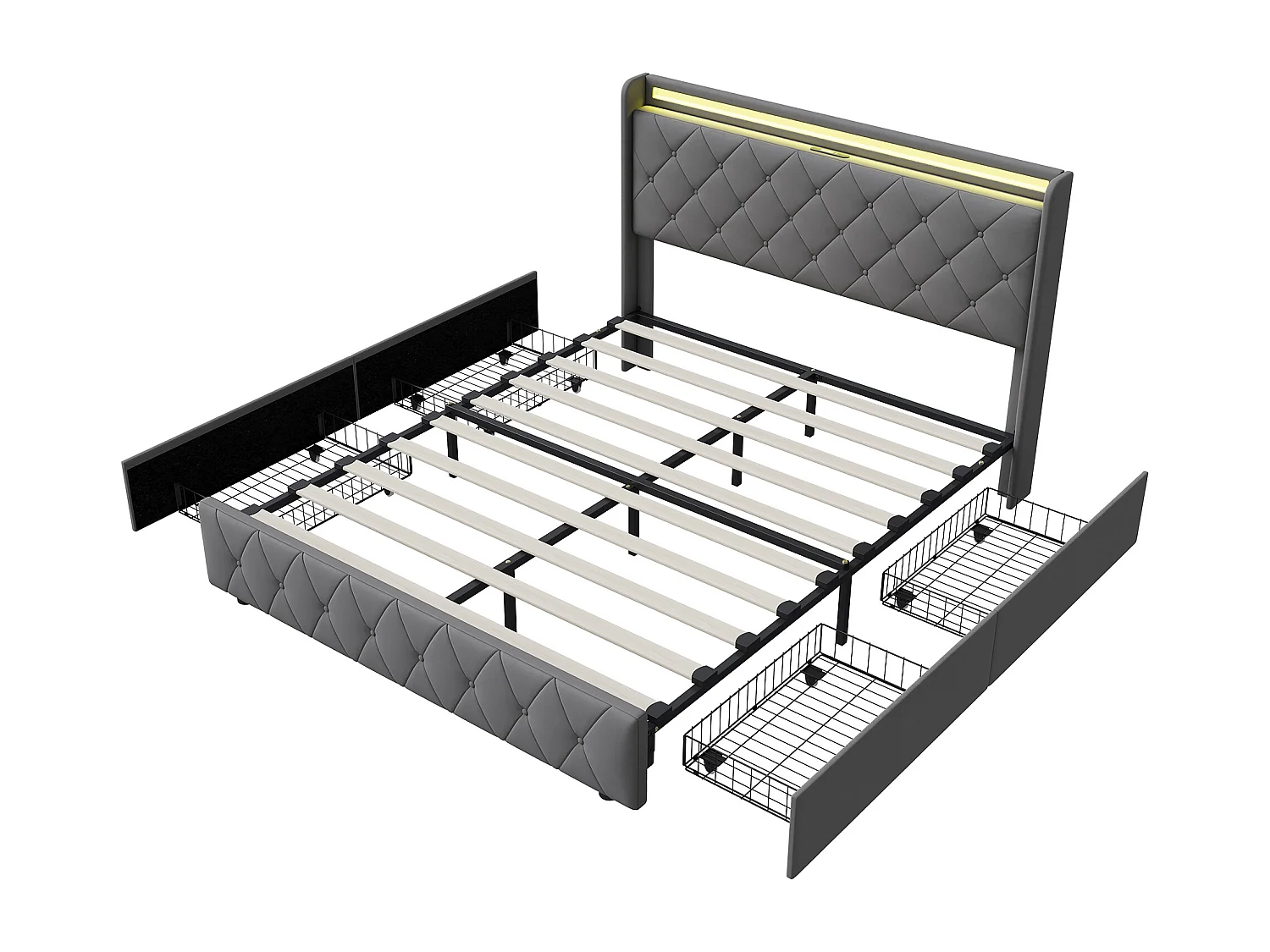 Lit double 160x200cm avec 4 tiroirs - LED et ports USB - tête de lit avec rangement - velours - gris