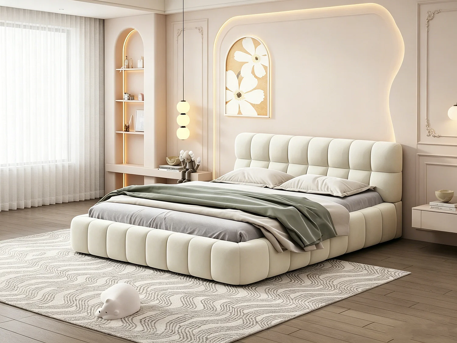 Lit double 140x190cm - avec tête de lit rembourrée et sommier à lattes - lin - beige - matelas non inclus