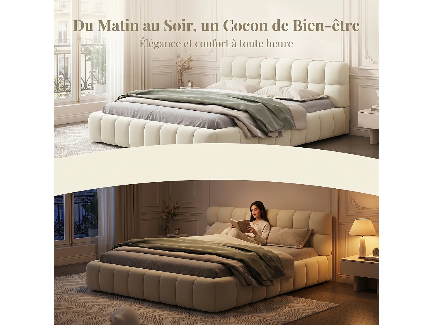 Lit double 140x190cm - avec tête de lit rembourrée et sommier à lattes - lin - beige - matelas non inclus